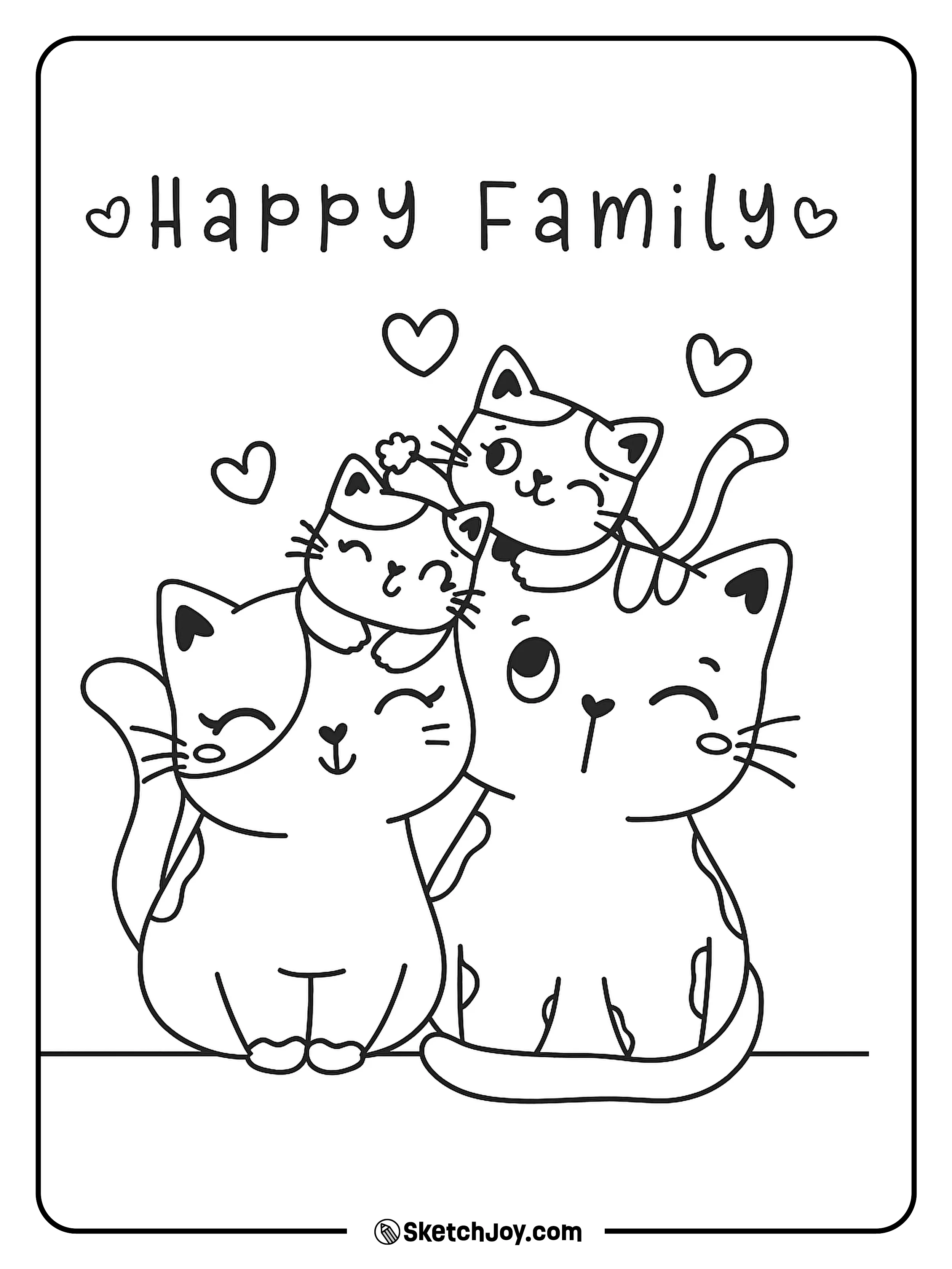 A joyful cat family with two parents and two kittens snuggling together