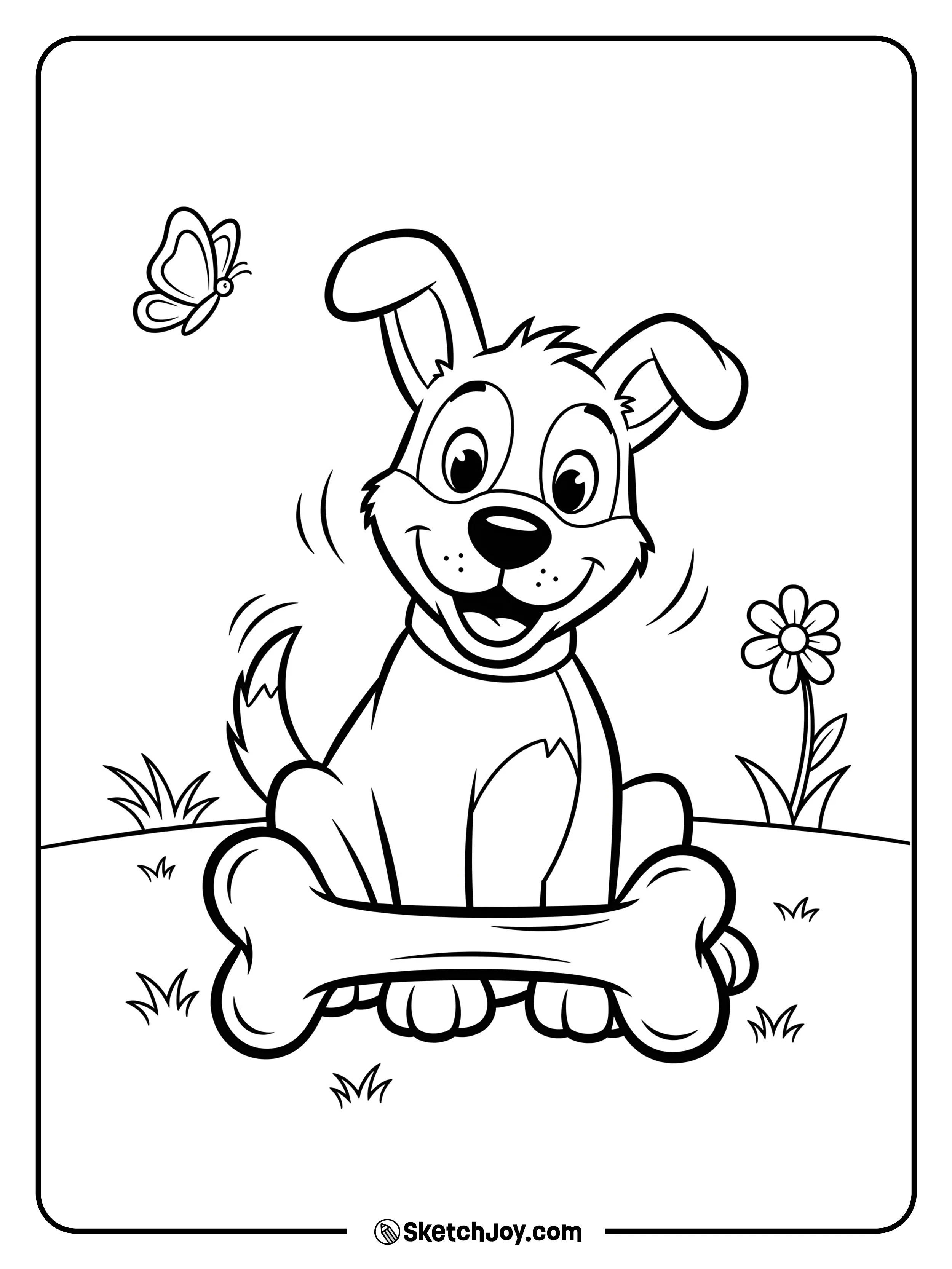 A cheerful dog sitting with a big bone in front of it.