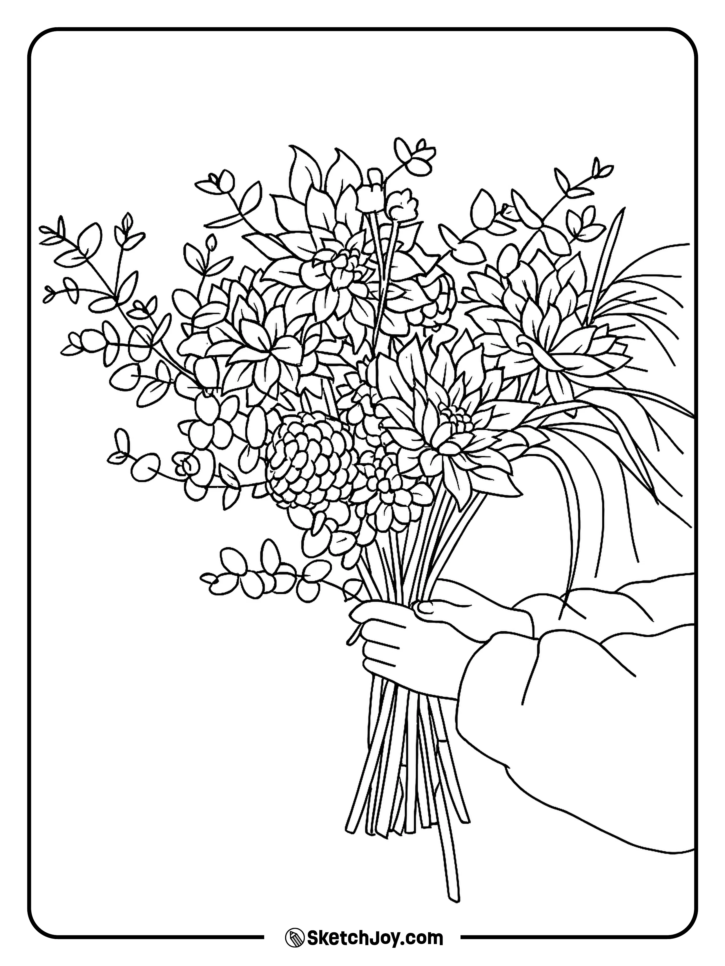 A pair of hands holding a large bouquet of detailed flowers and leaves.
