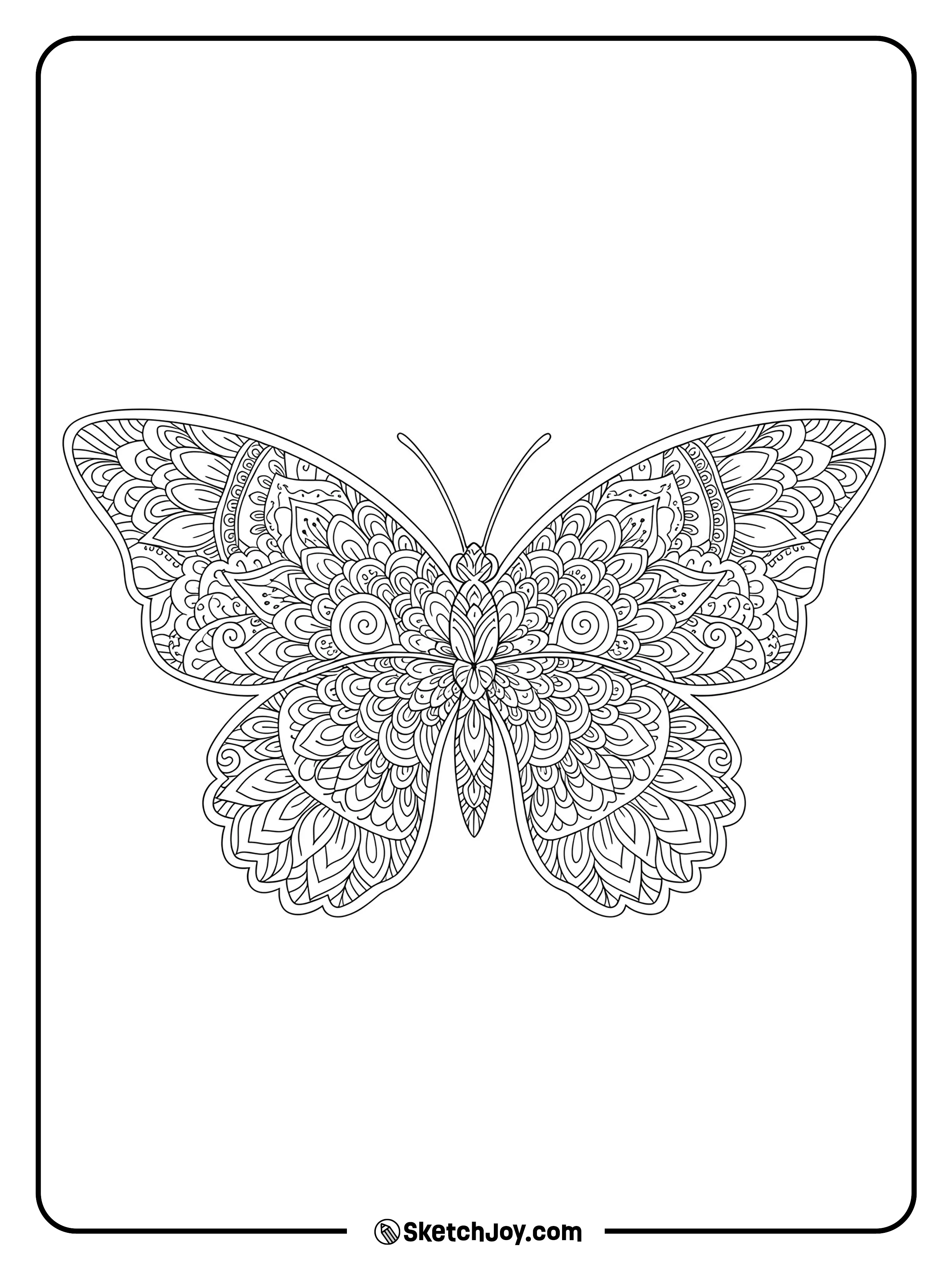 A detailed butterfly with full mandala patterns inside the wings and body, perfect for mindful coloring.