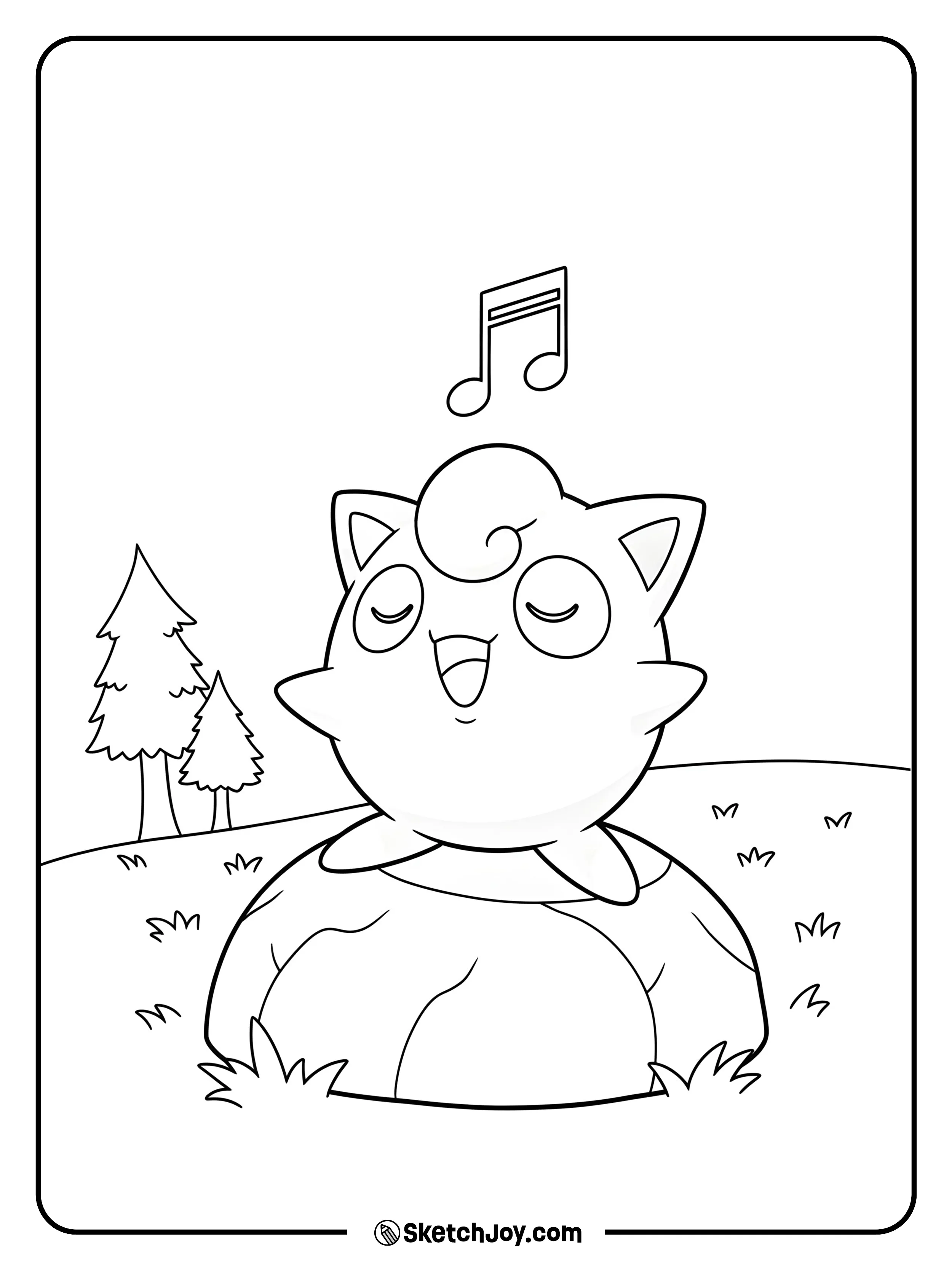 Jigglypuff sings a tune while standing on a rock.