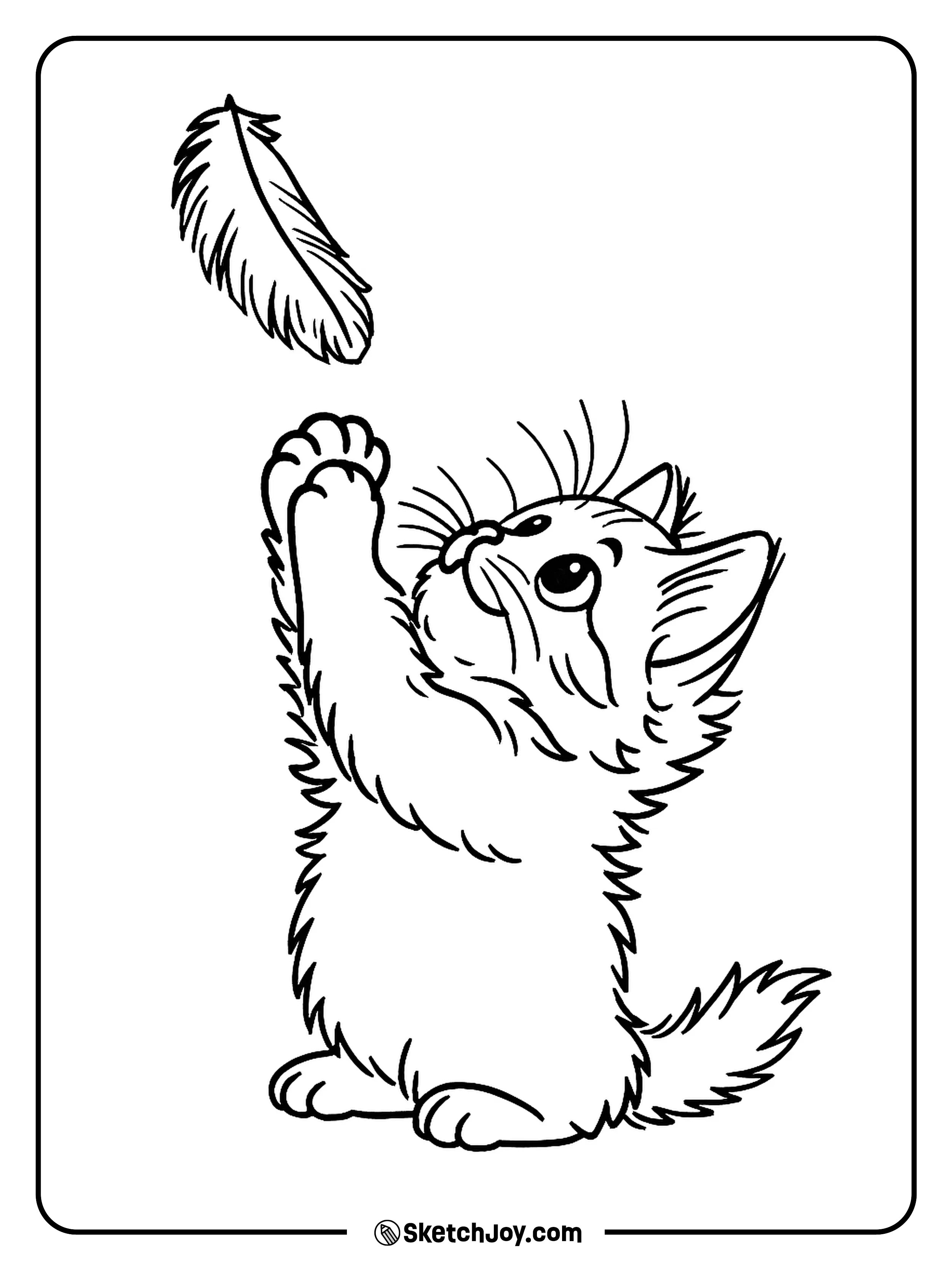 A playful kitten stands on its back legs, reaching up to catch a floating feather.
