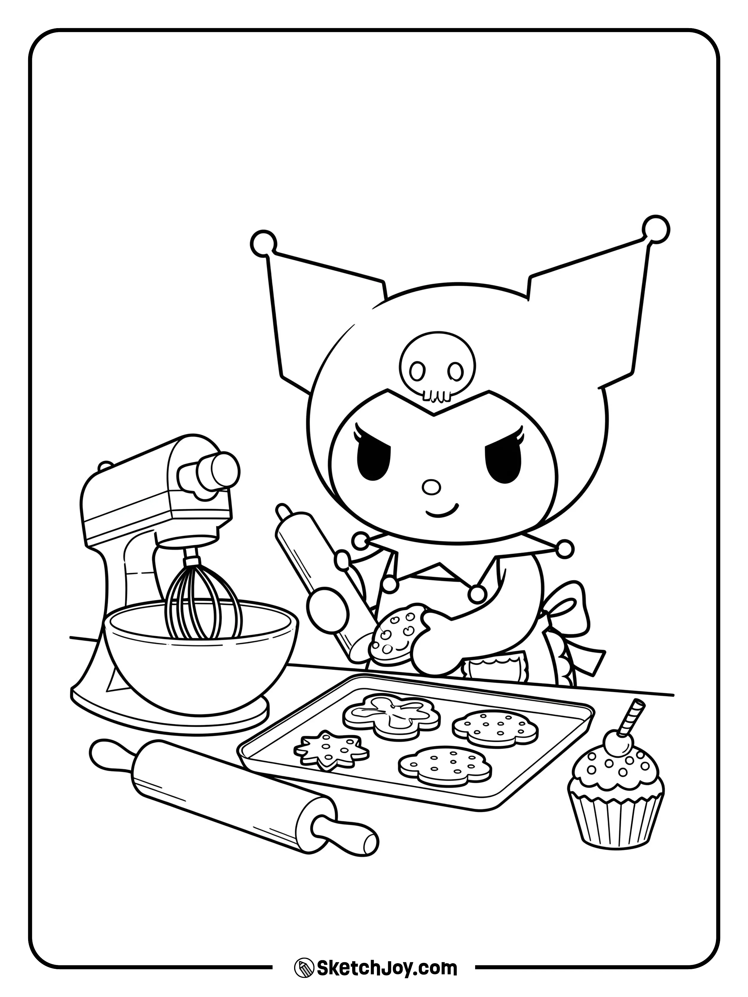 Kuromi having fun baking in the kitchen.