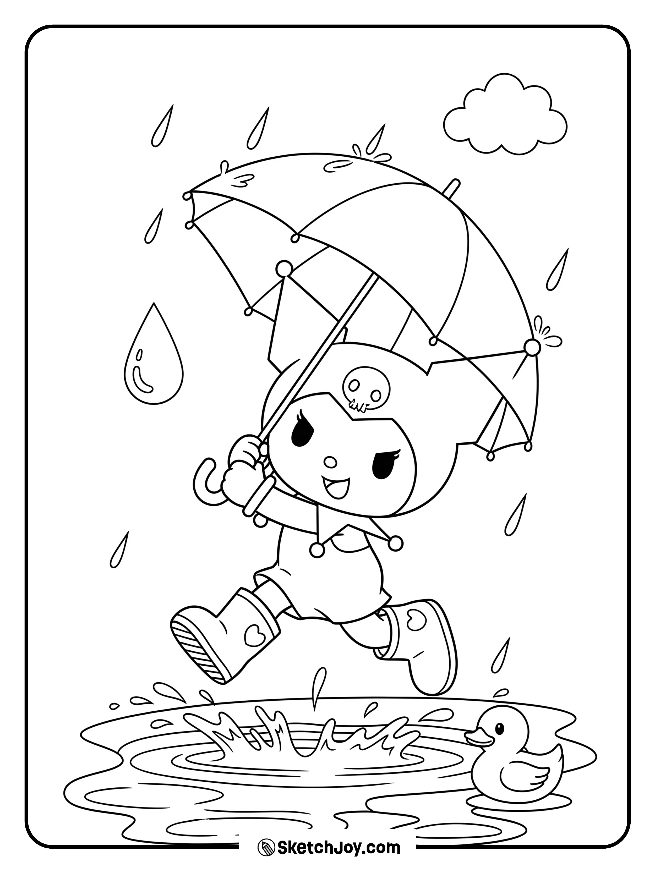 Kuromi enjoying the rain with an umbrella.