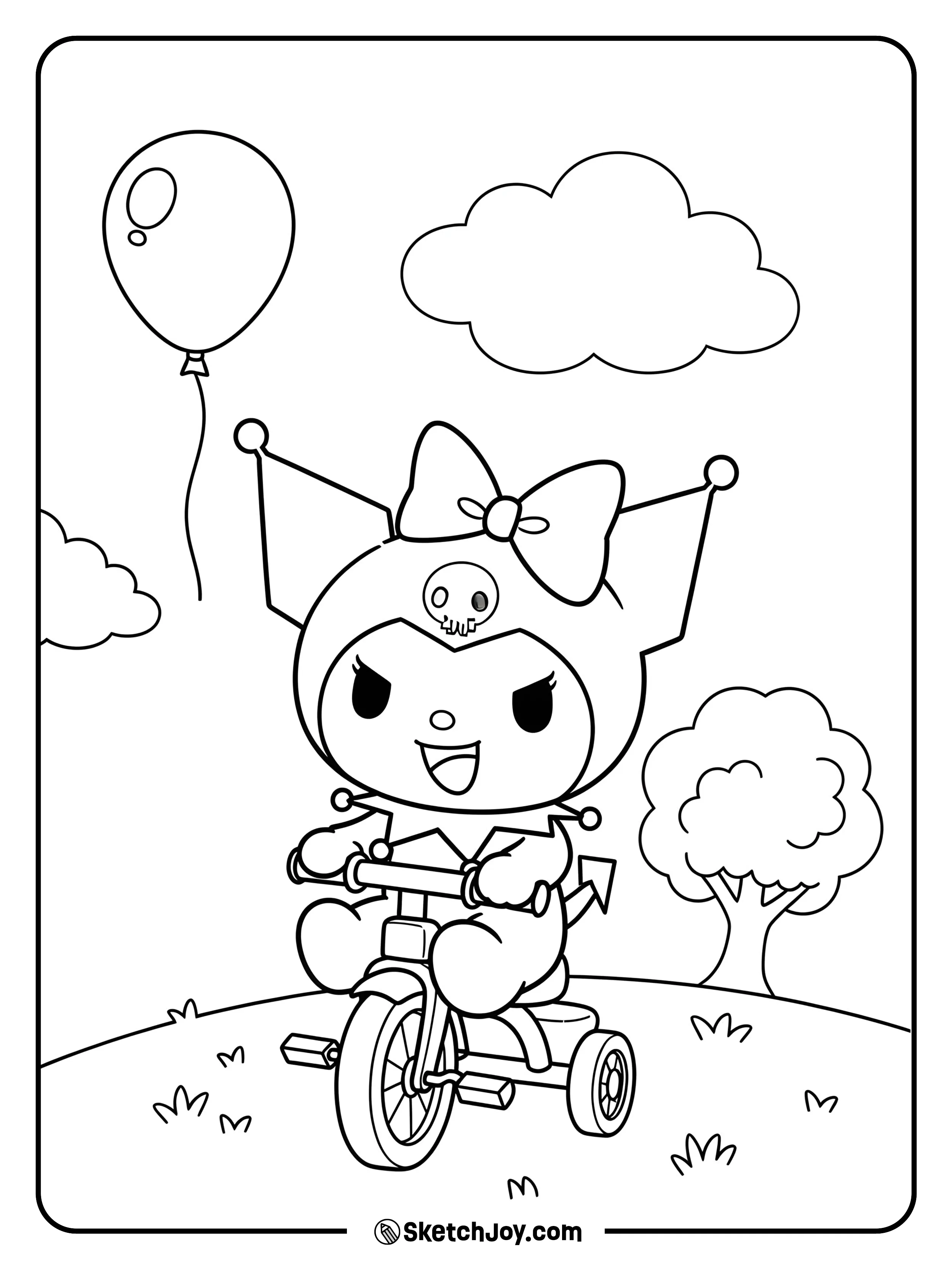 Kuromi enjoying a fun ride on a tricycle.