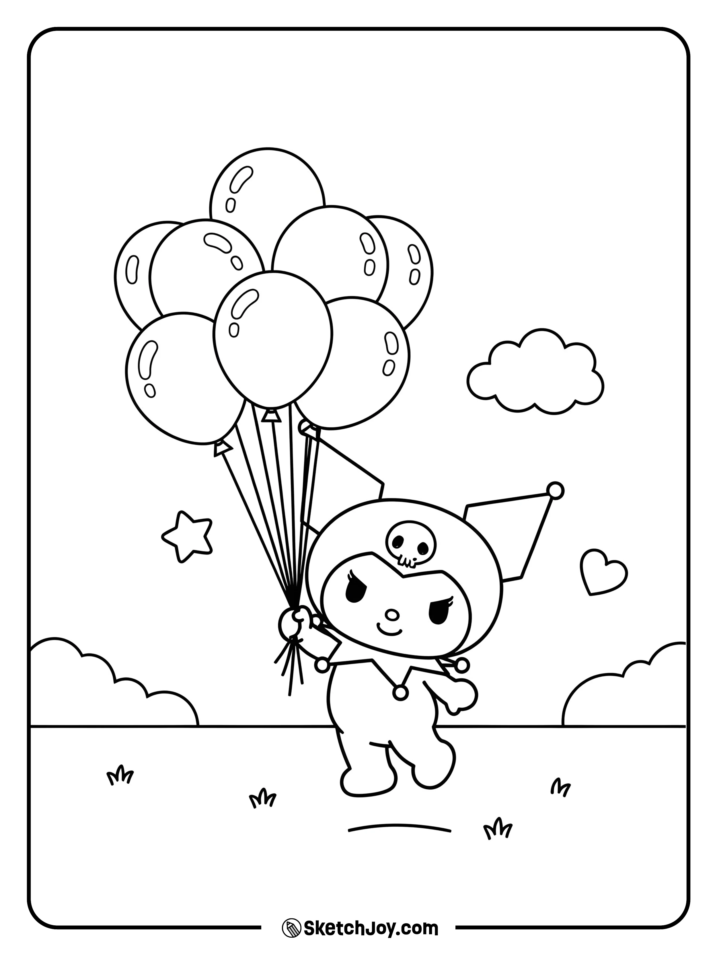 Kuromi having fun with floating balloons.