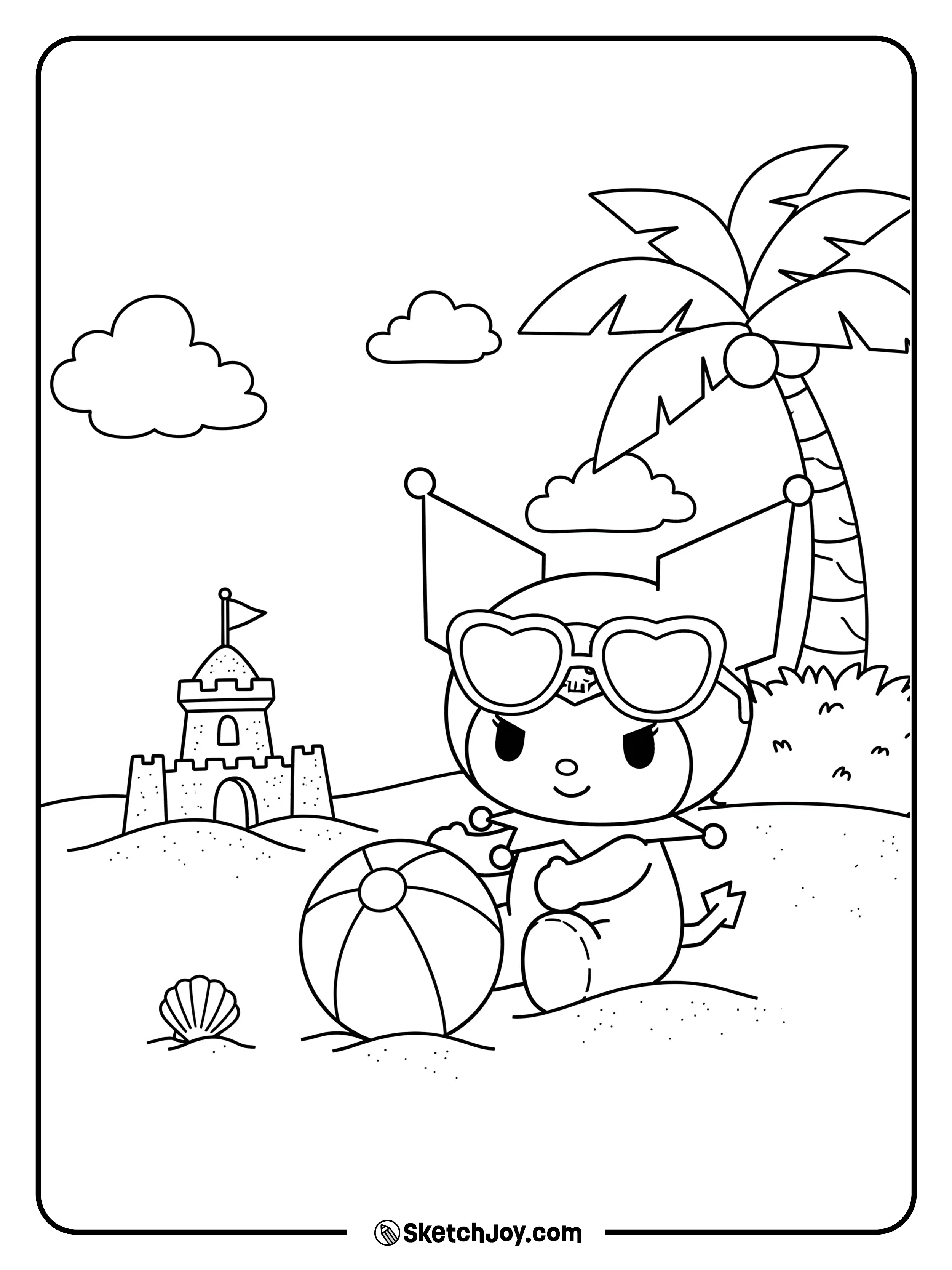 Kuromi playing with a beach ball on a sunny day.