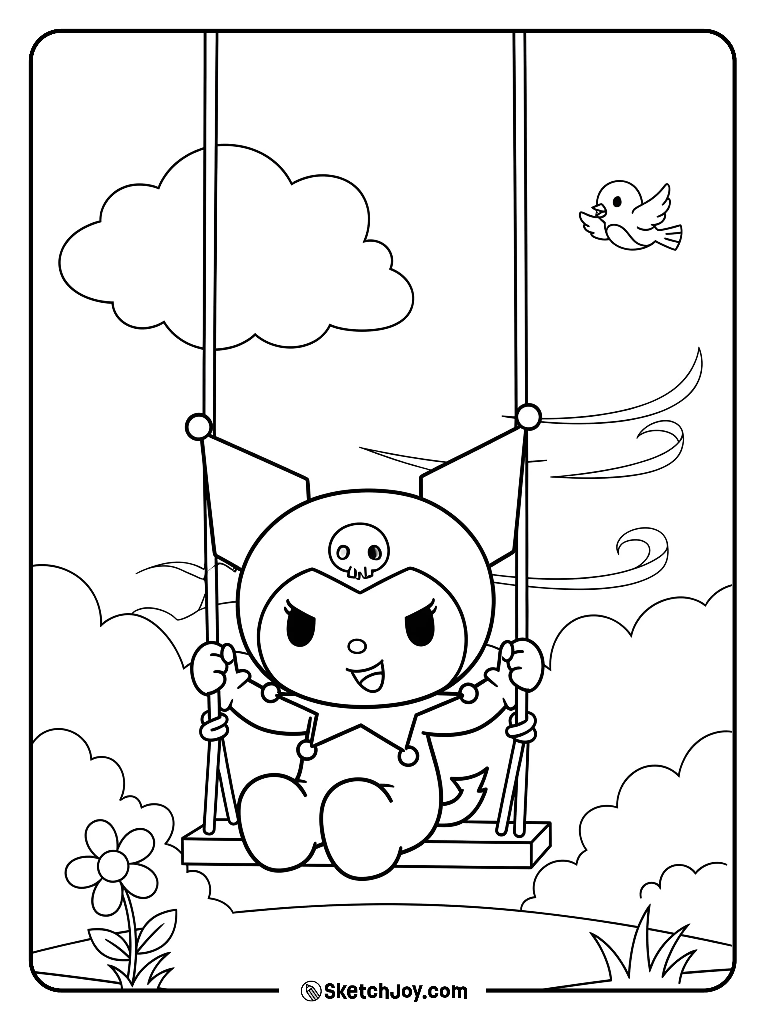 A playful Kuromi swinging in a peaceful park.