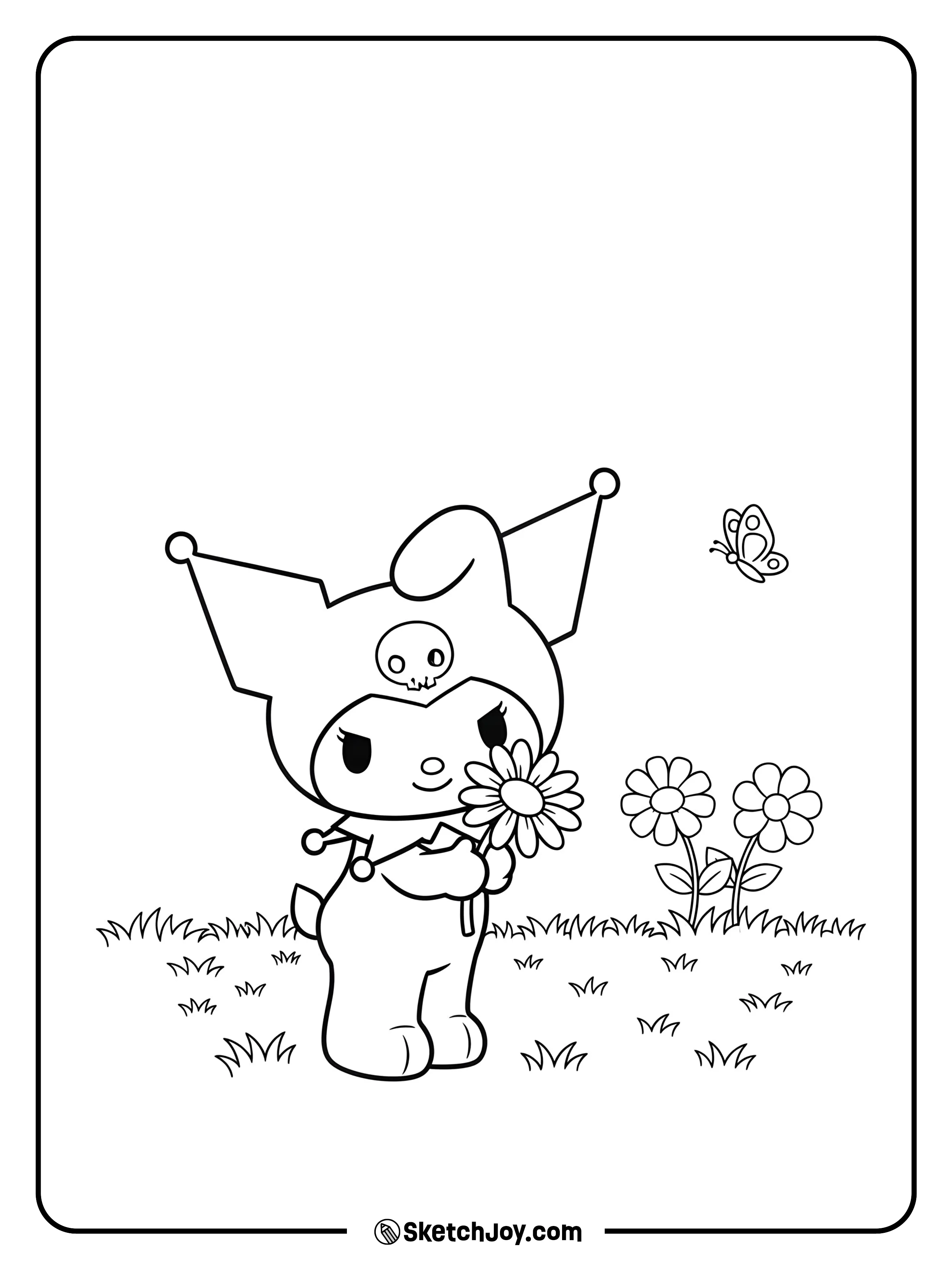 Kuromi surrounded by simple flowers.
