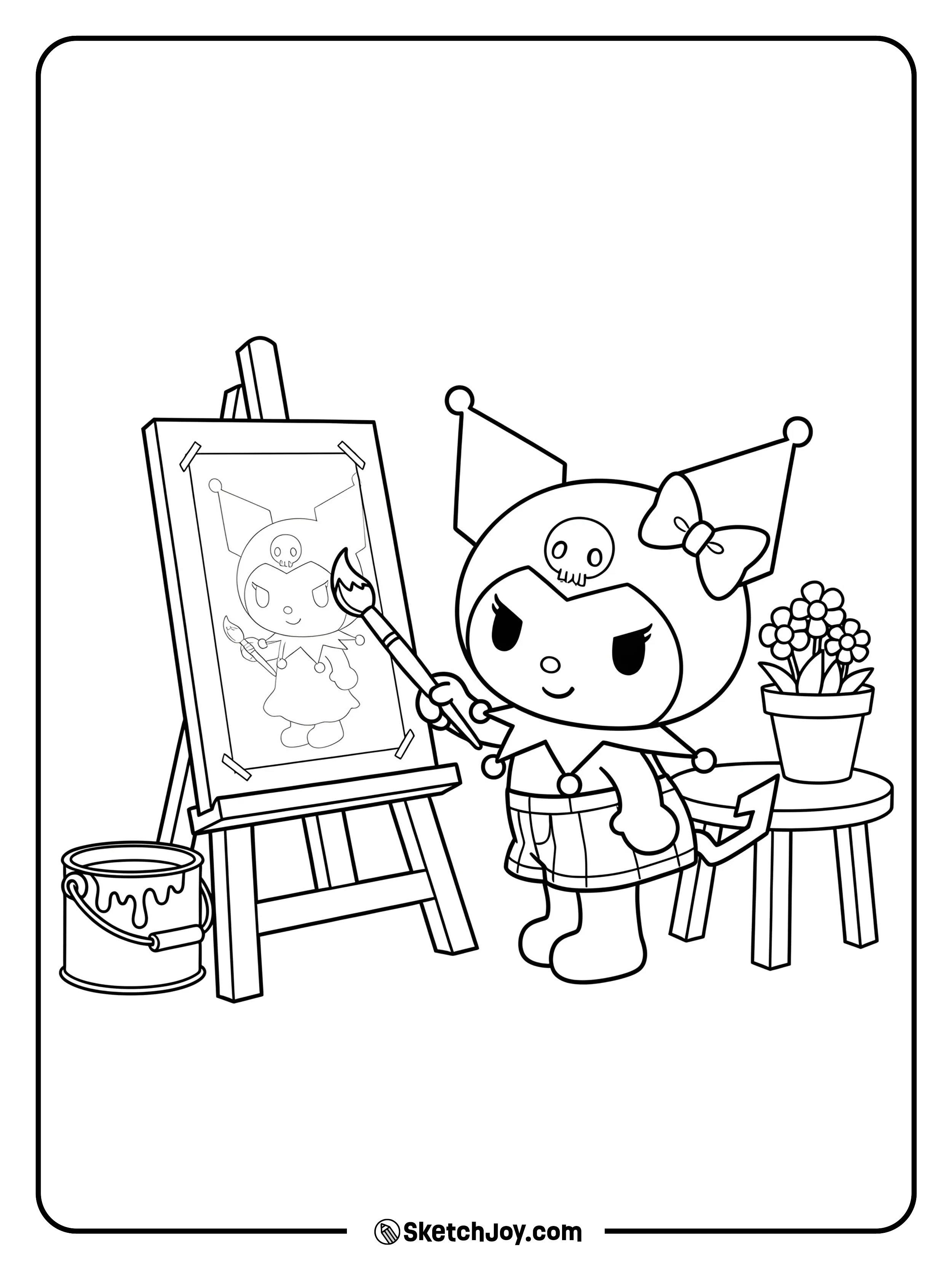 Kuromi painting a masterpiece with joy.