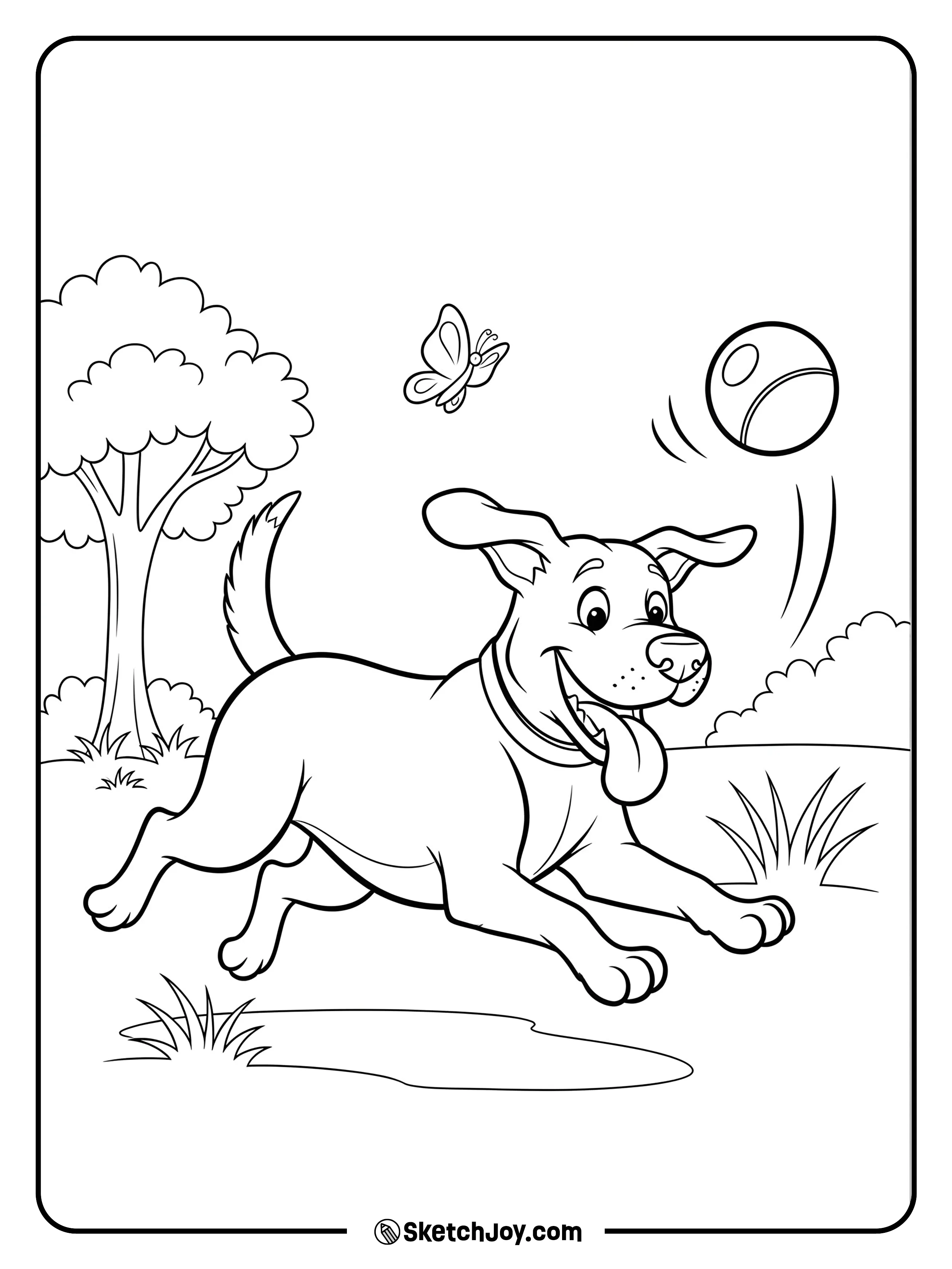 A happy dog chasing after a bouncing ball.