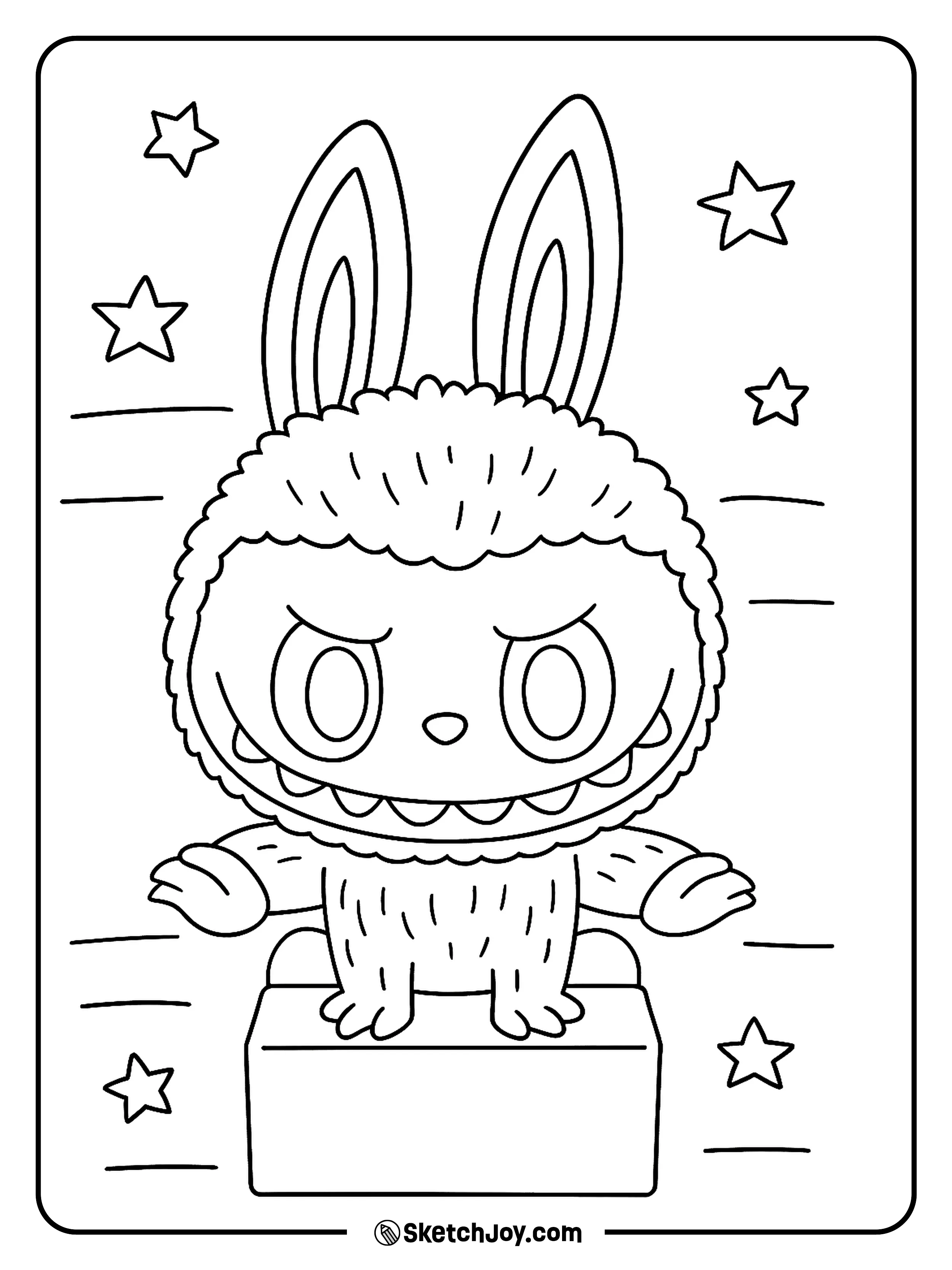 Labubu shows off his cheeky side while hopping on a block.