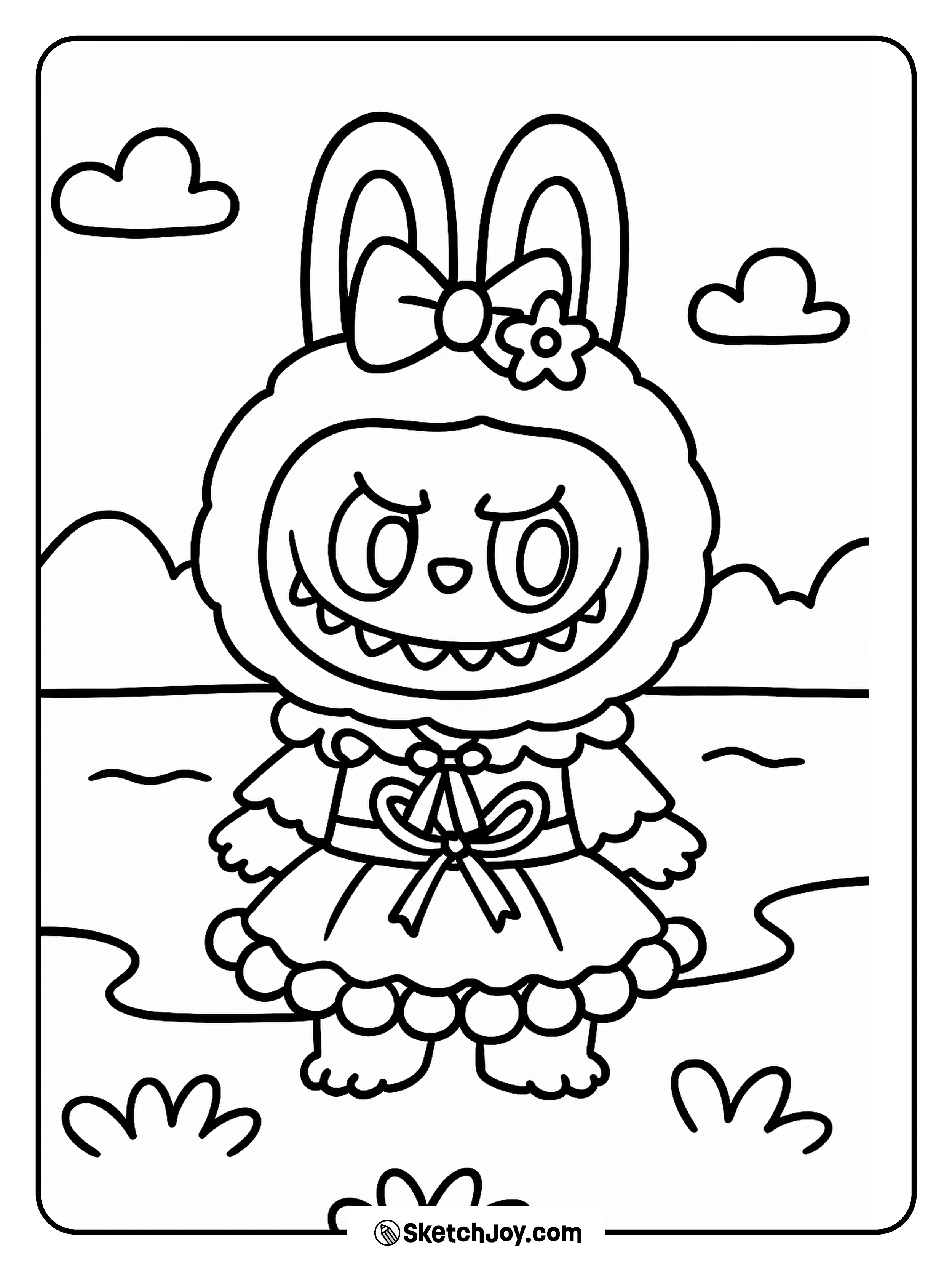 Labubu stands cheerfully in a fluffy dress with a bow.
