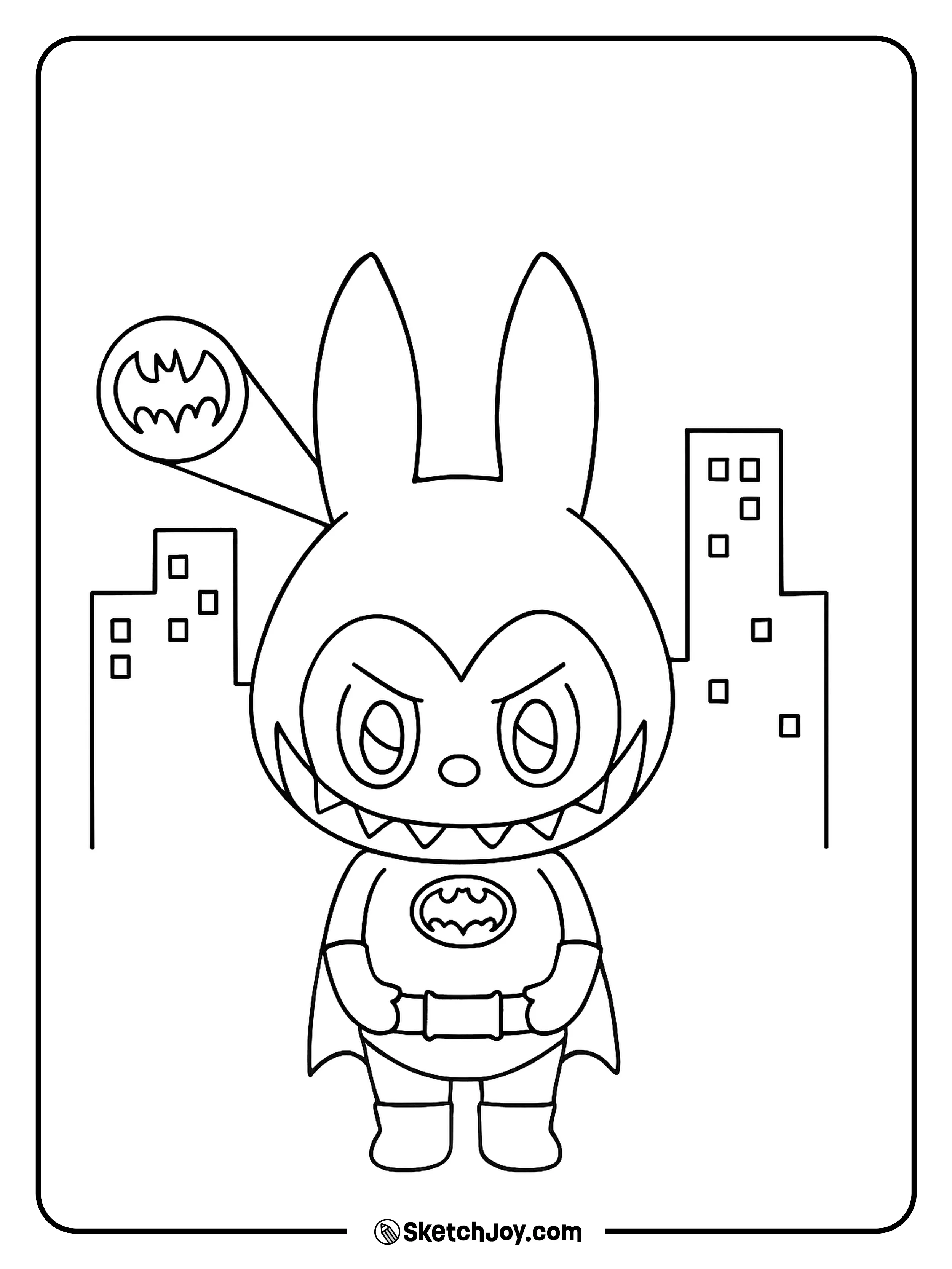 Labubu dressed in a Batman-inspired costume, ready to guard the city.