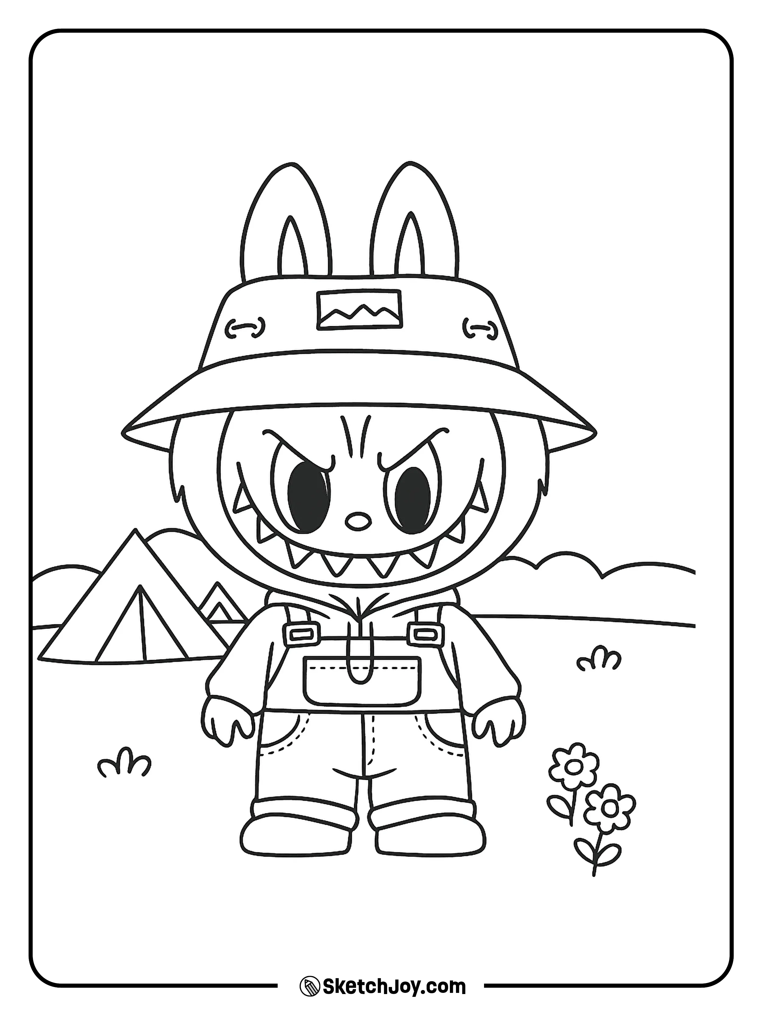 Labubu is ready for a countryside adventure! Wearing his farming overalls and bucket hat.