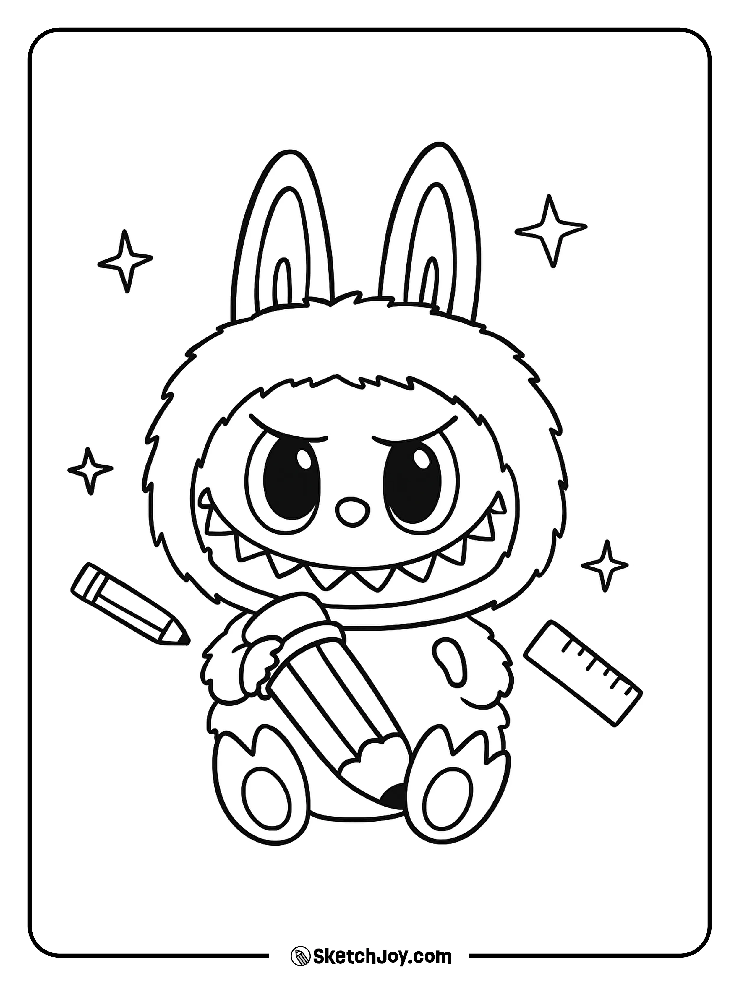 Labubu gears up for the school year with a giant pencil and a mischievous grin.