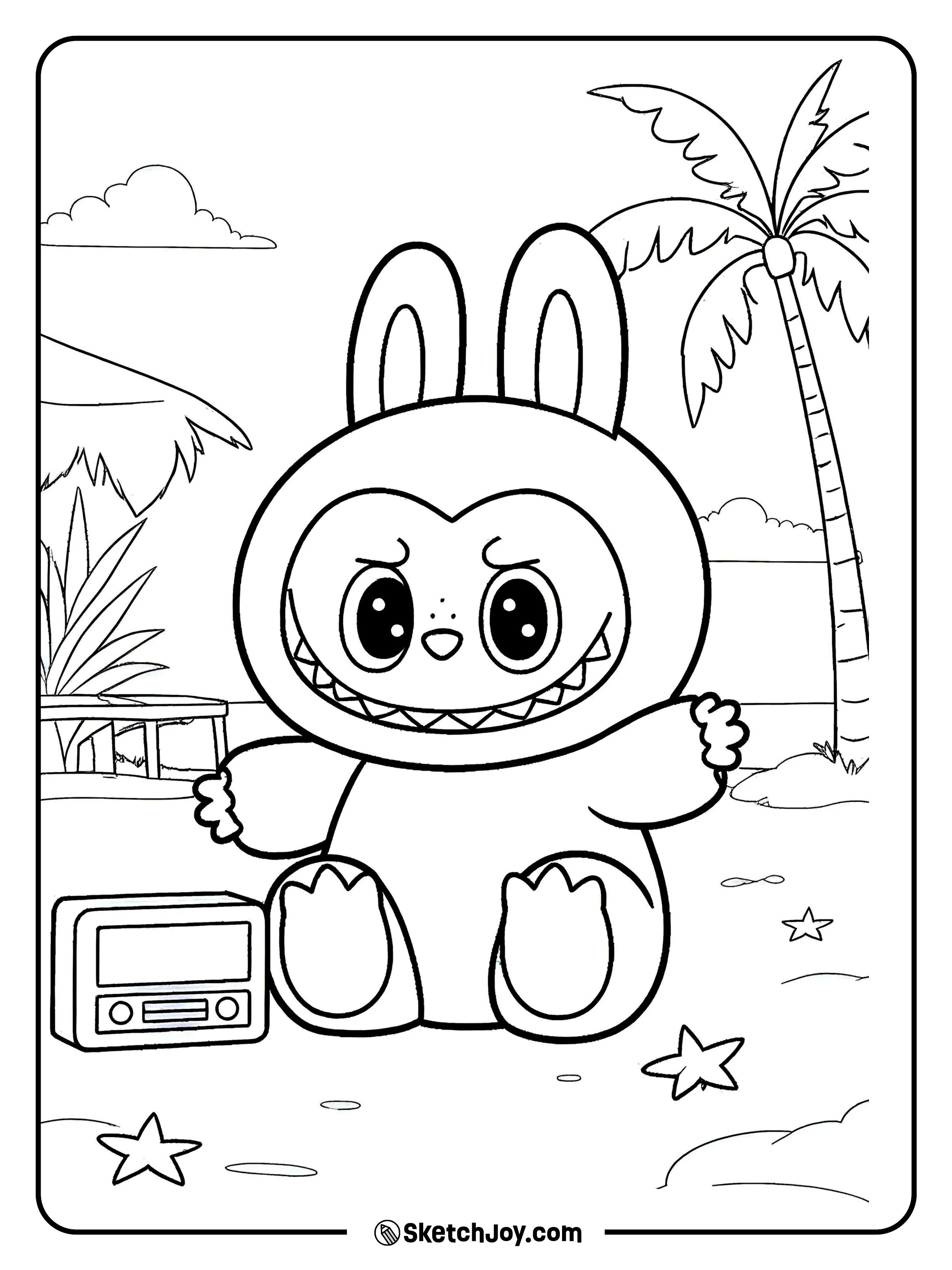 Labubu takes a break by the ocean, enjoying sunny vibes.