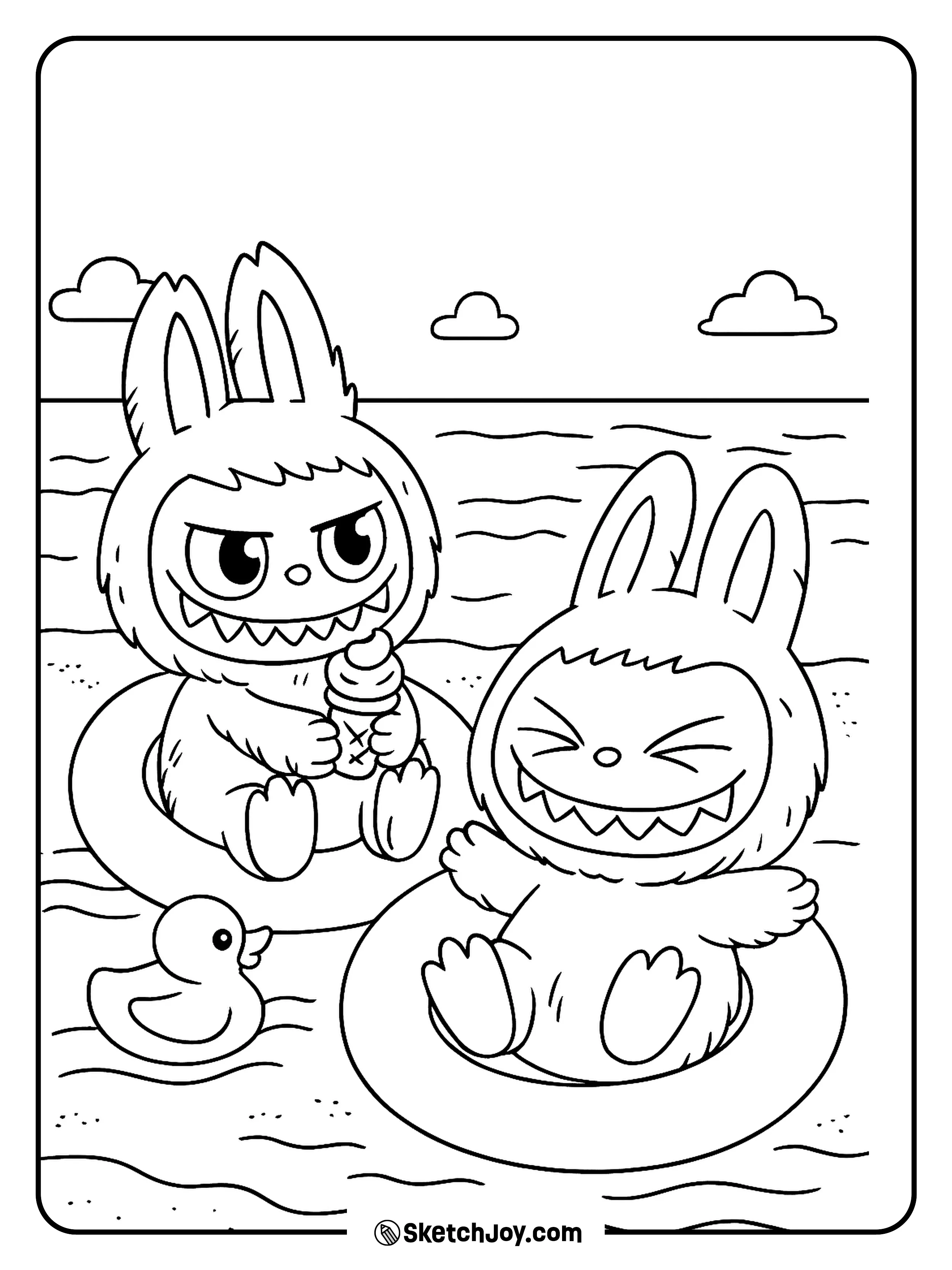 Labubu and a friend relax on their floaties under the sun.