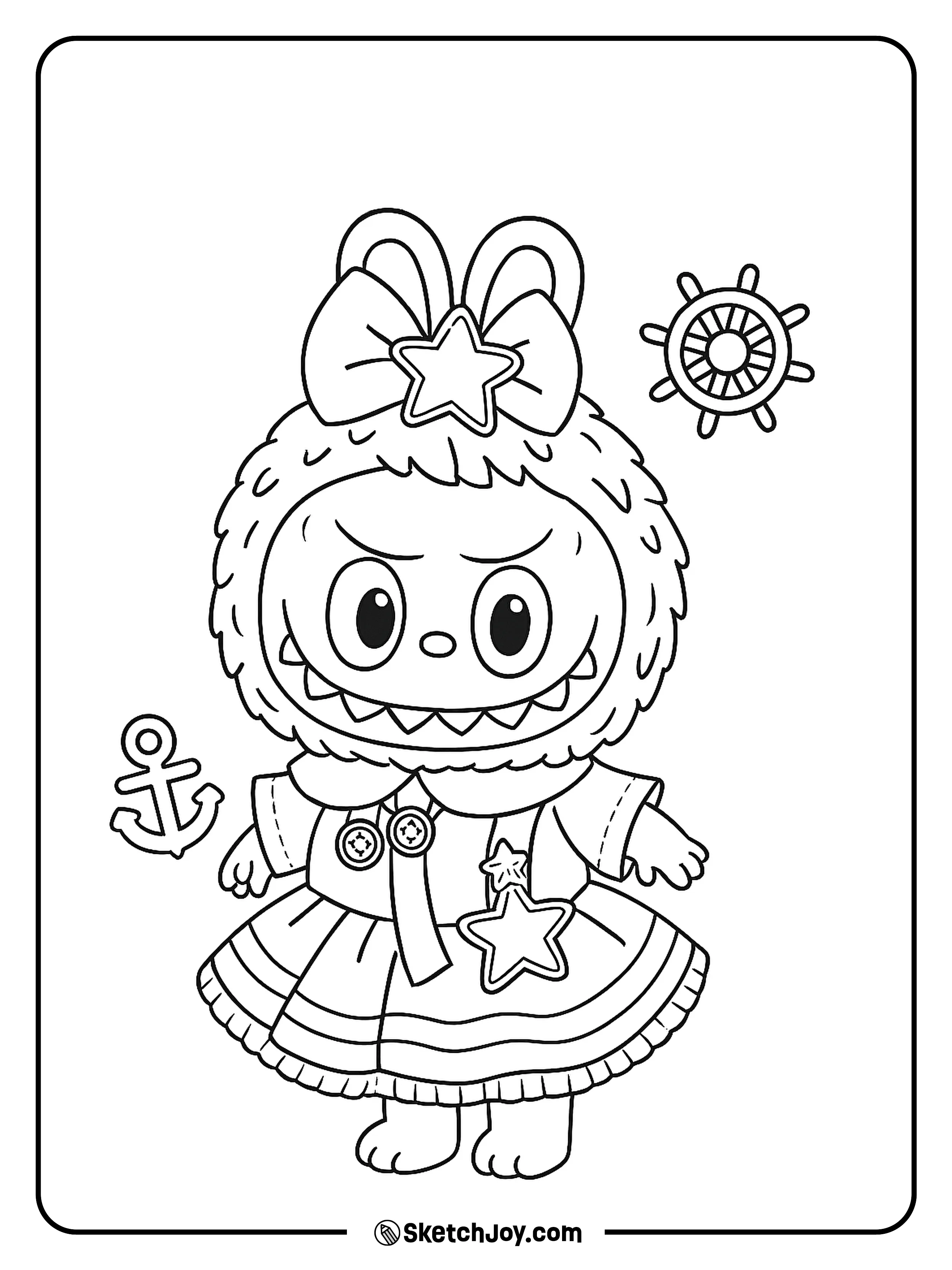 Labubu is dressed in a sailor outfit with starry accessories.