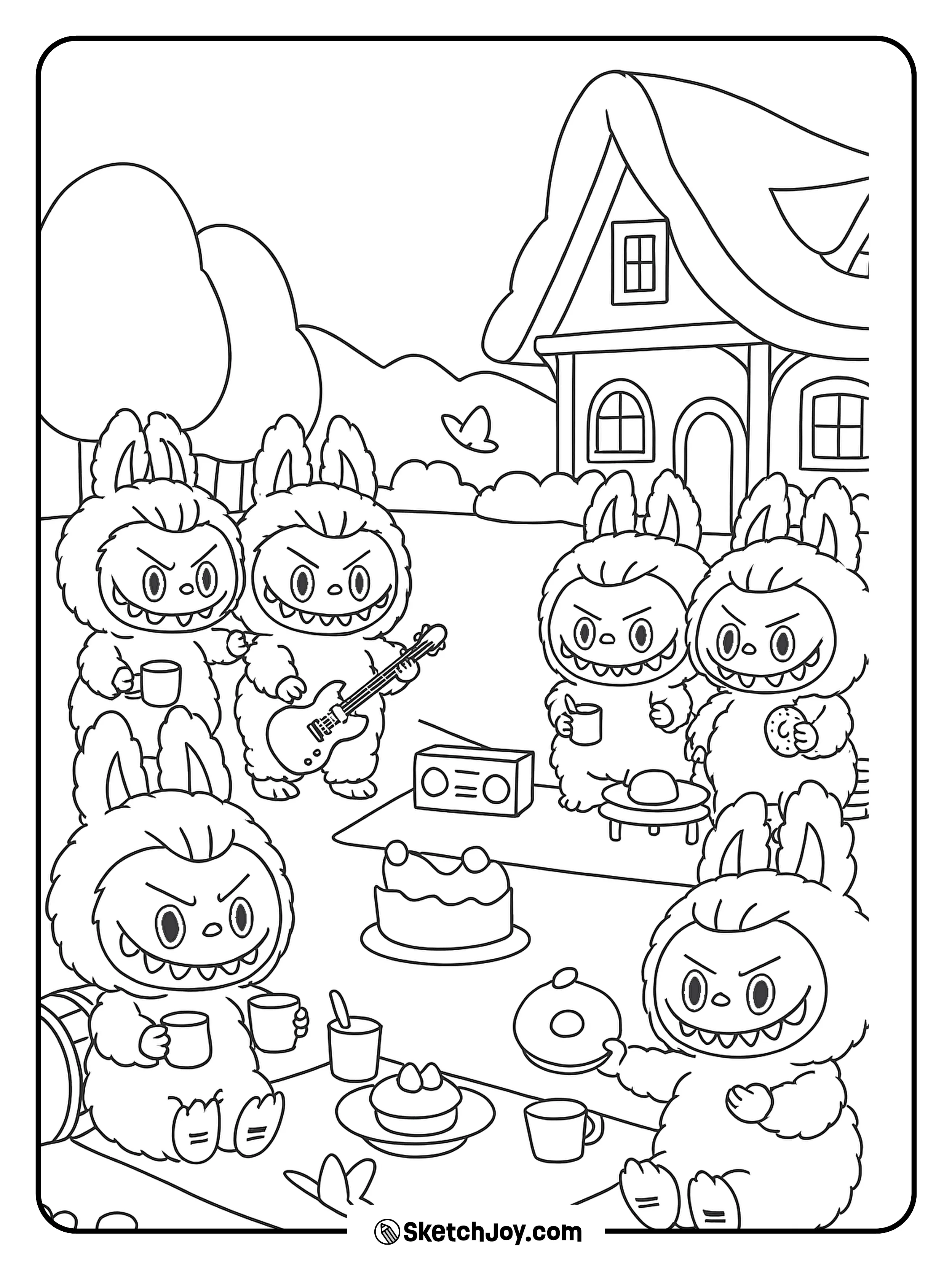 Labubu and friends enjoy a cheerful picnic in front of a cozy cottage.