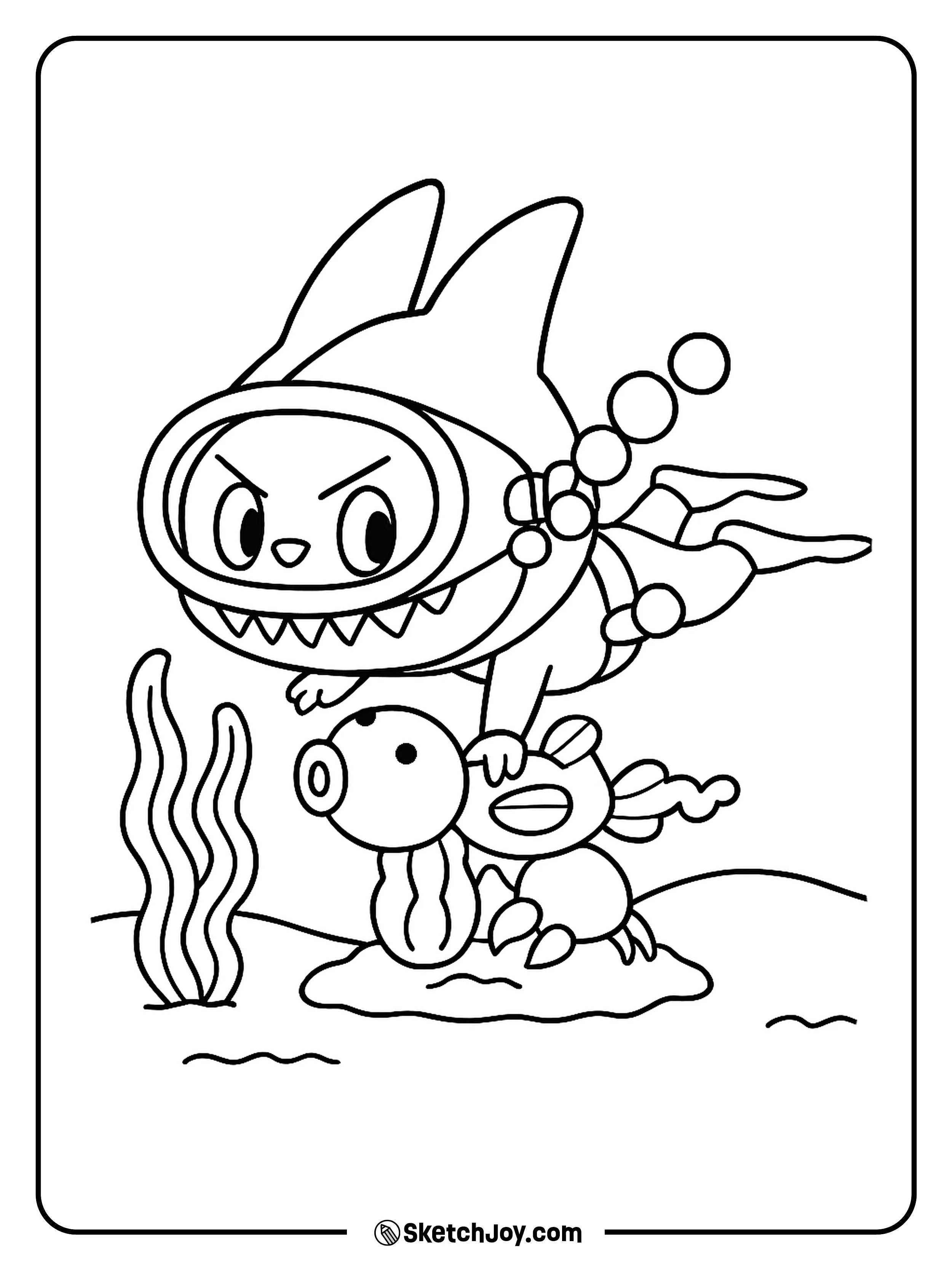 Labubu dives into the ocean dressed as a playful shark.