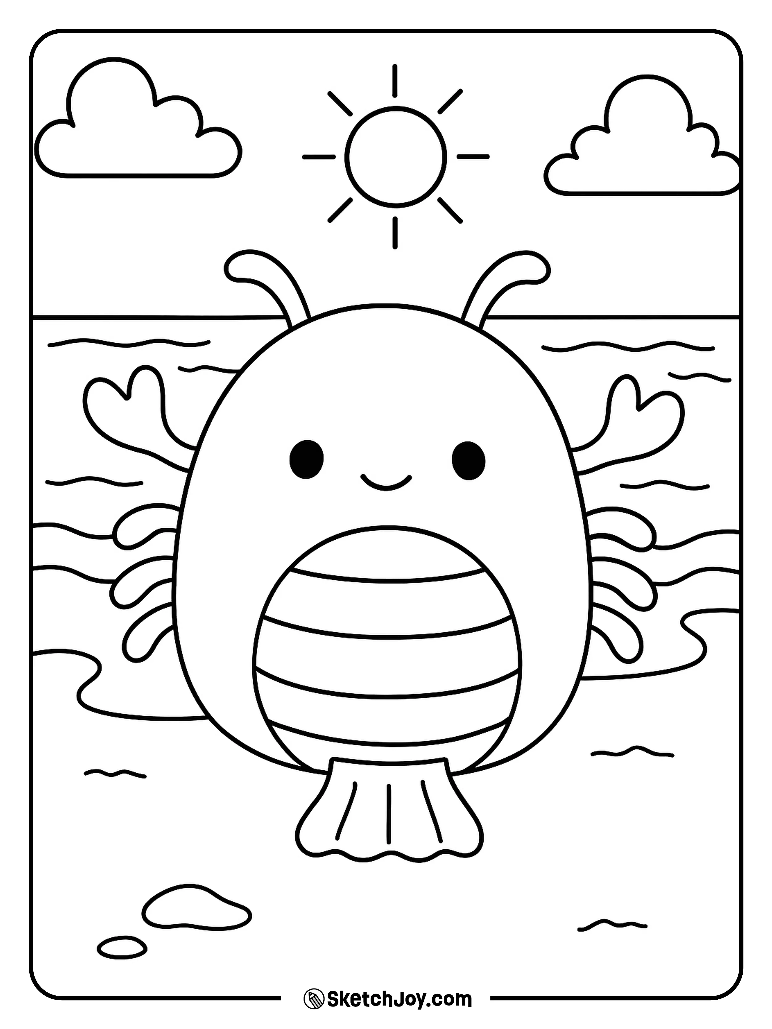 A happy Lobster Squishmallow enjoying the sunny seaside