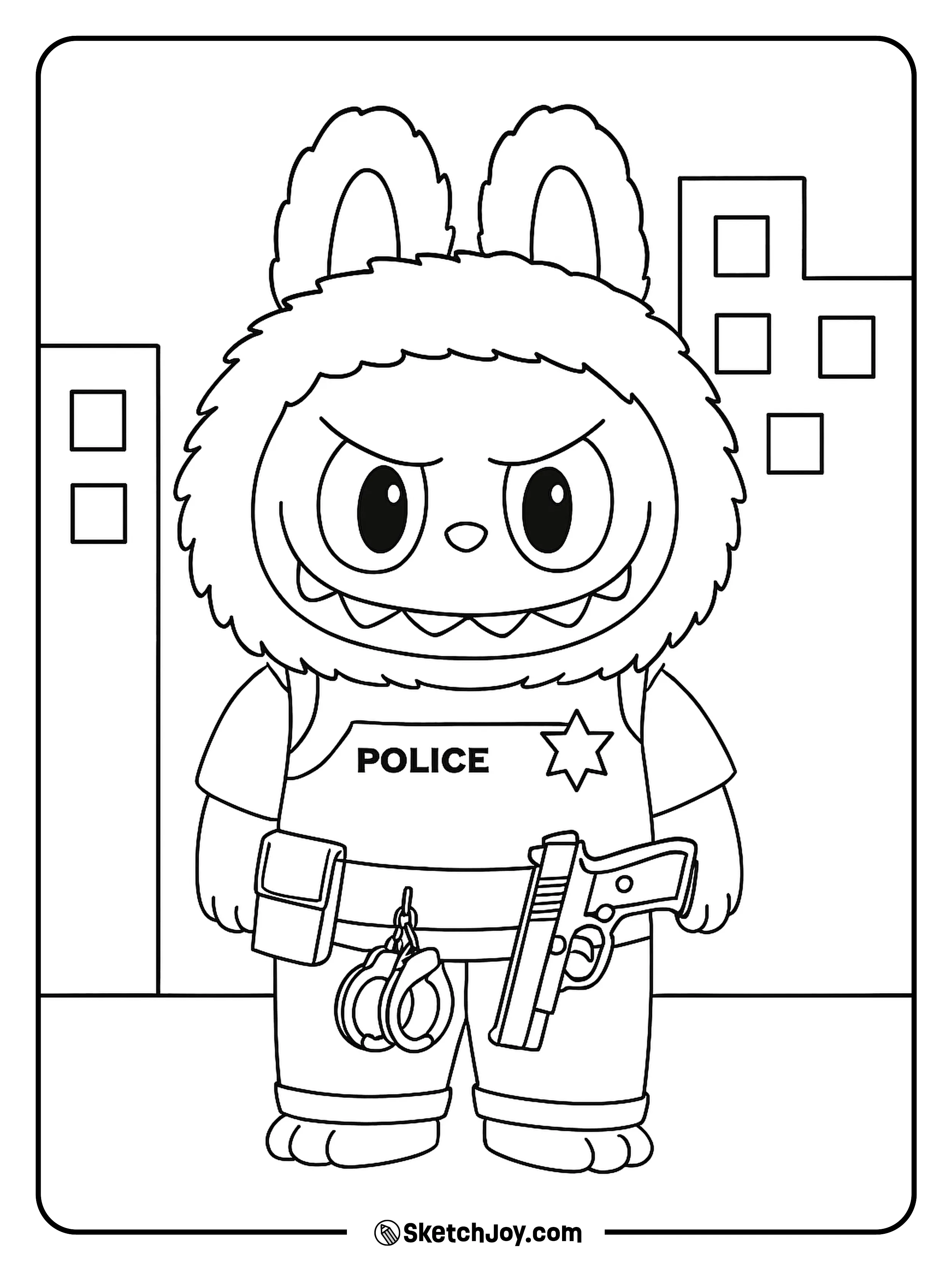Labubu is all geared up in a police uniform, ready to protect the city.
