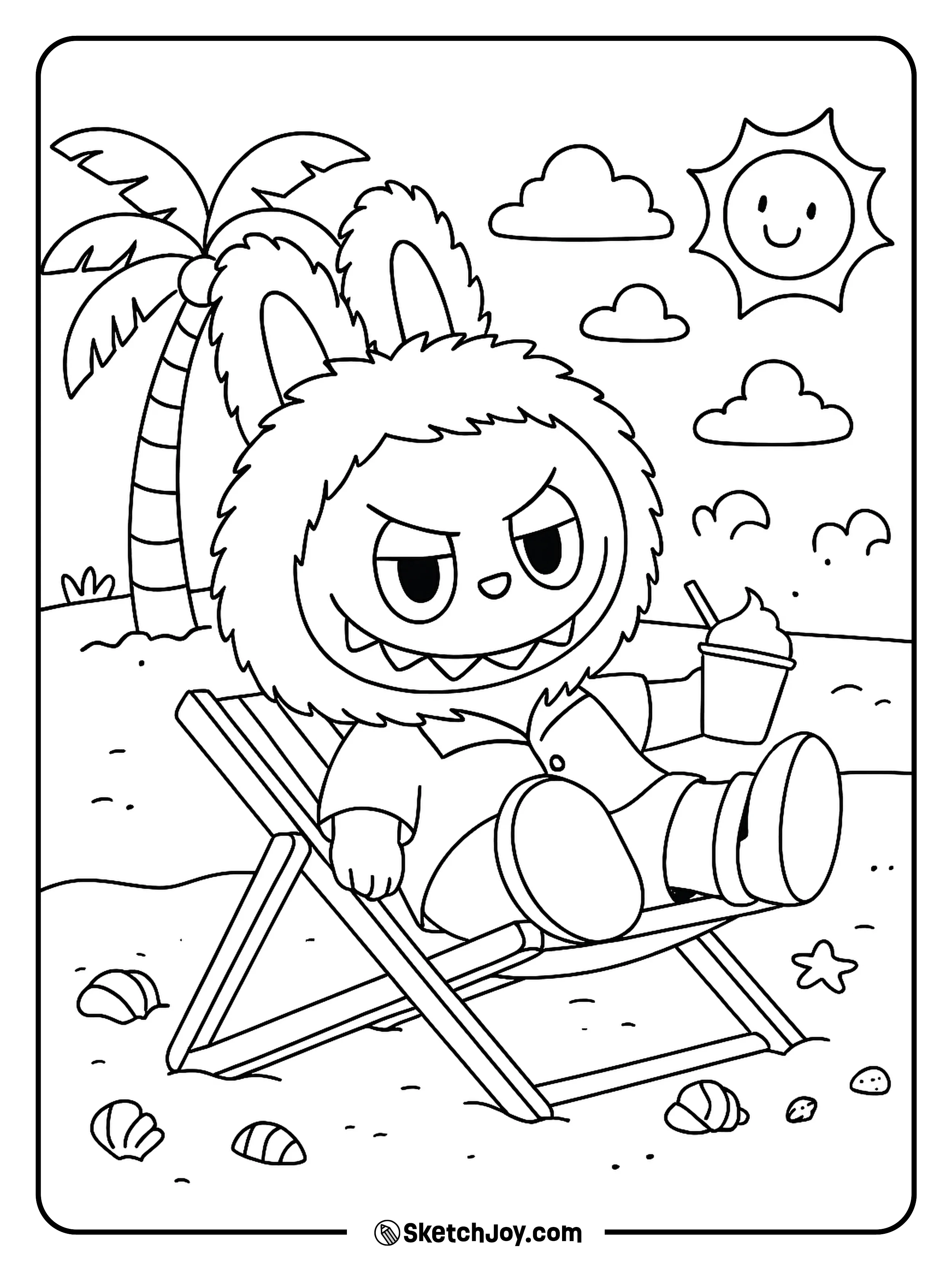 Labubu chills on a sunny beach with a cool drink in hand