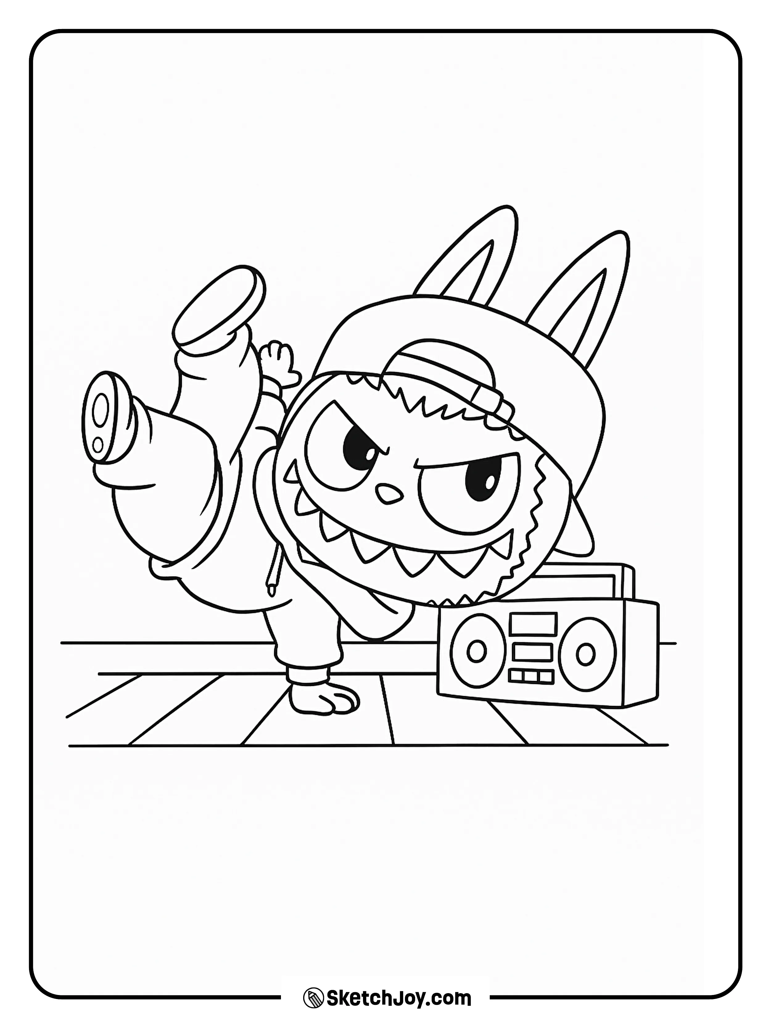 Labubu pulls off a daring one-handed breakdance move next to his trusty boombox.
