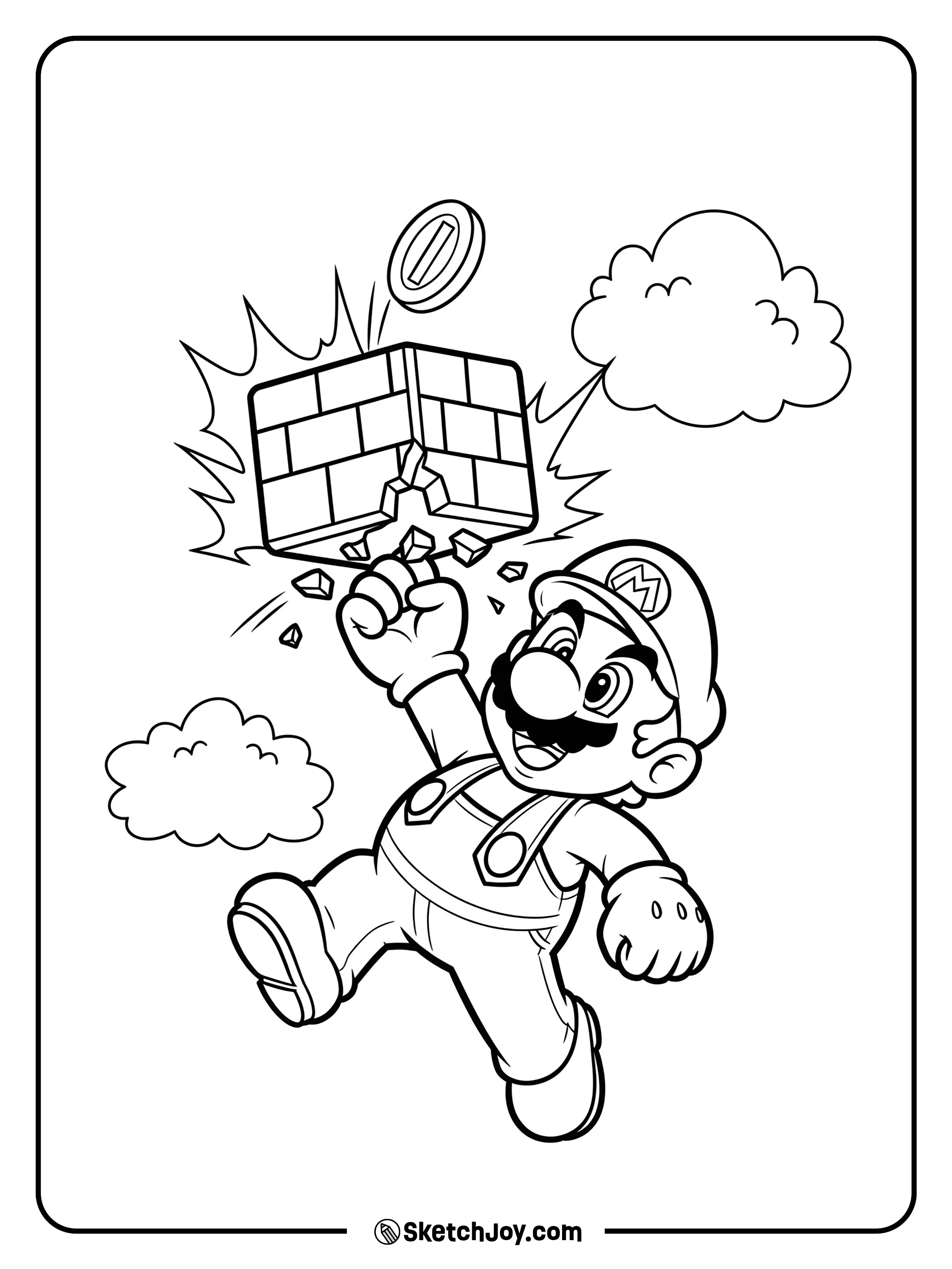 Mario breaking a brick block with his fist.