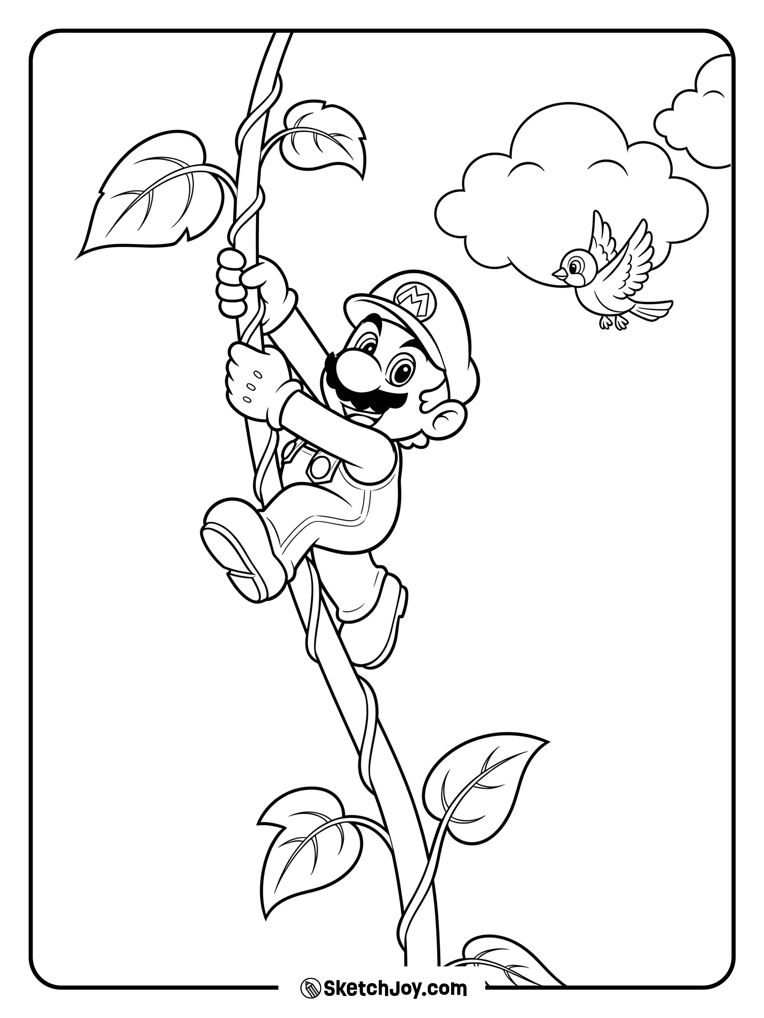 Mario is climbing a tall vine.