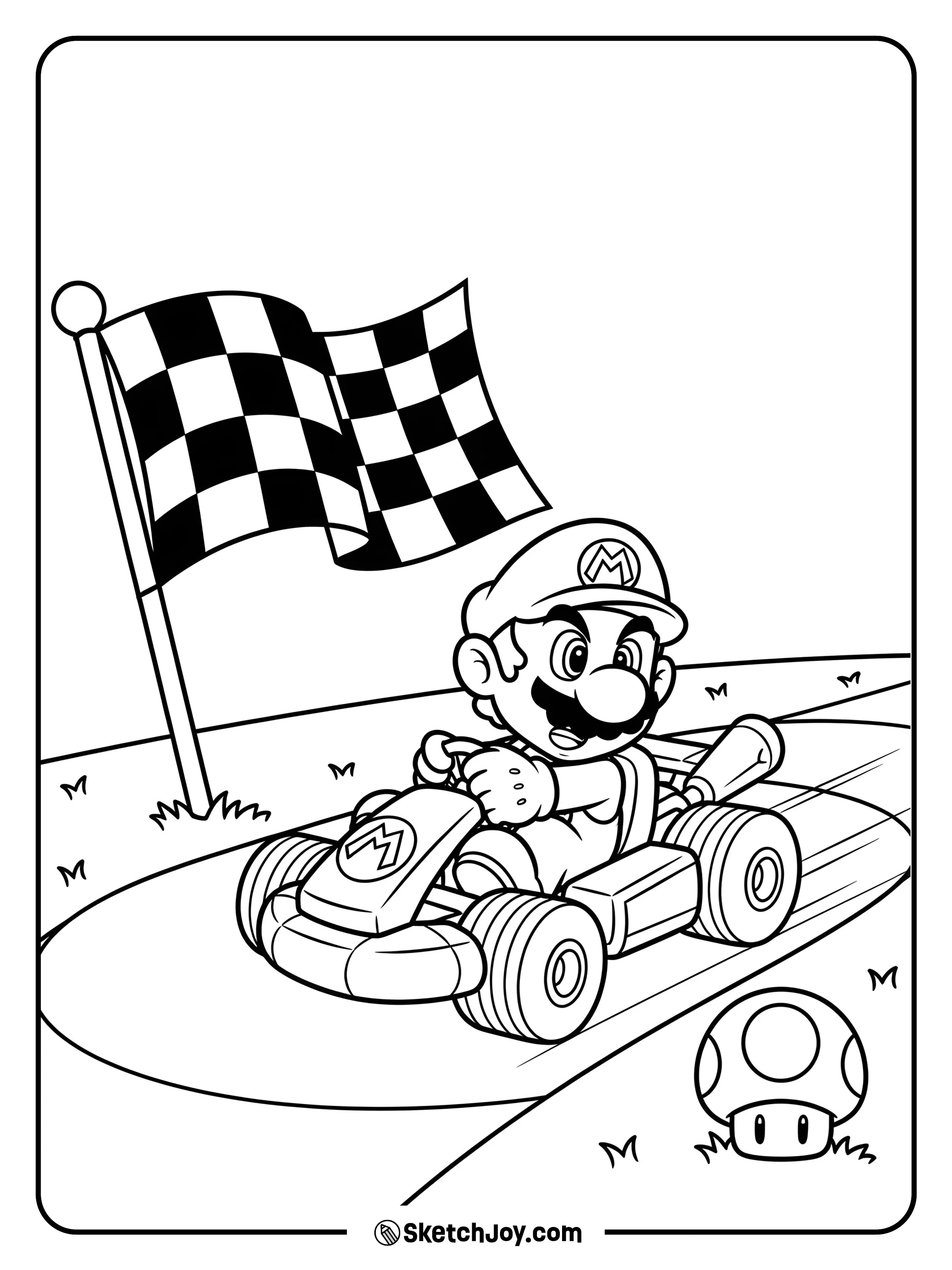 Mario is driving his go-kart on a simple racetrack.