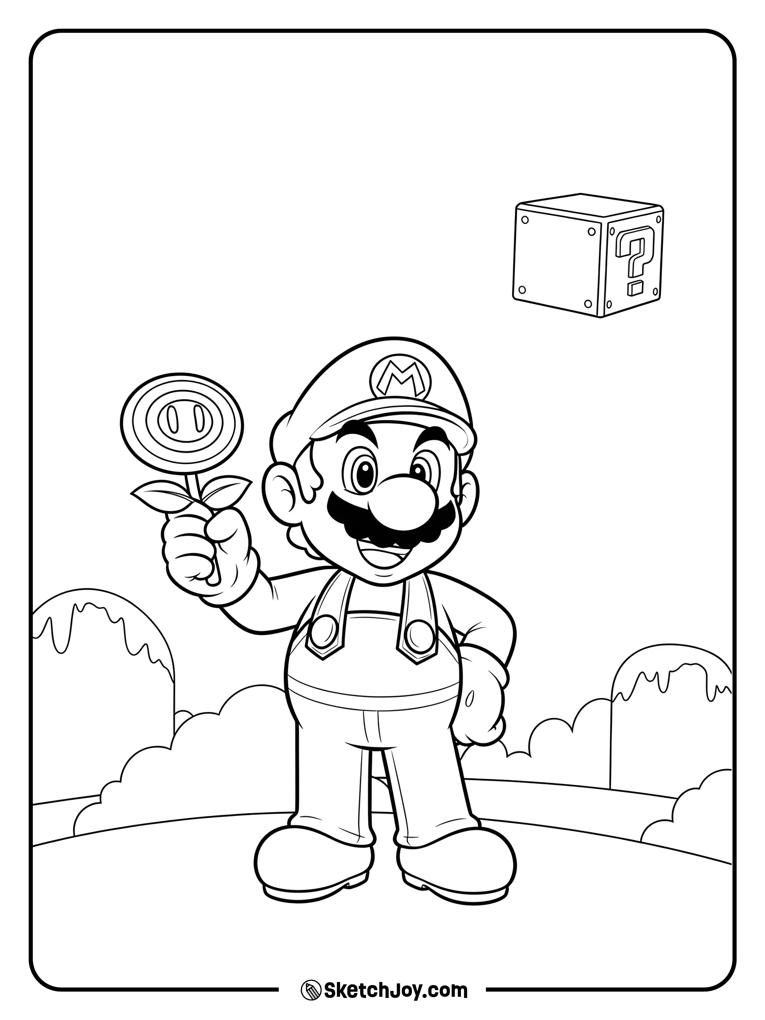 Mario proudly holding a Fire Flower with sparkles around.
