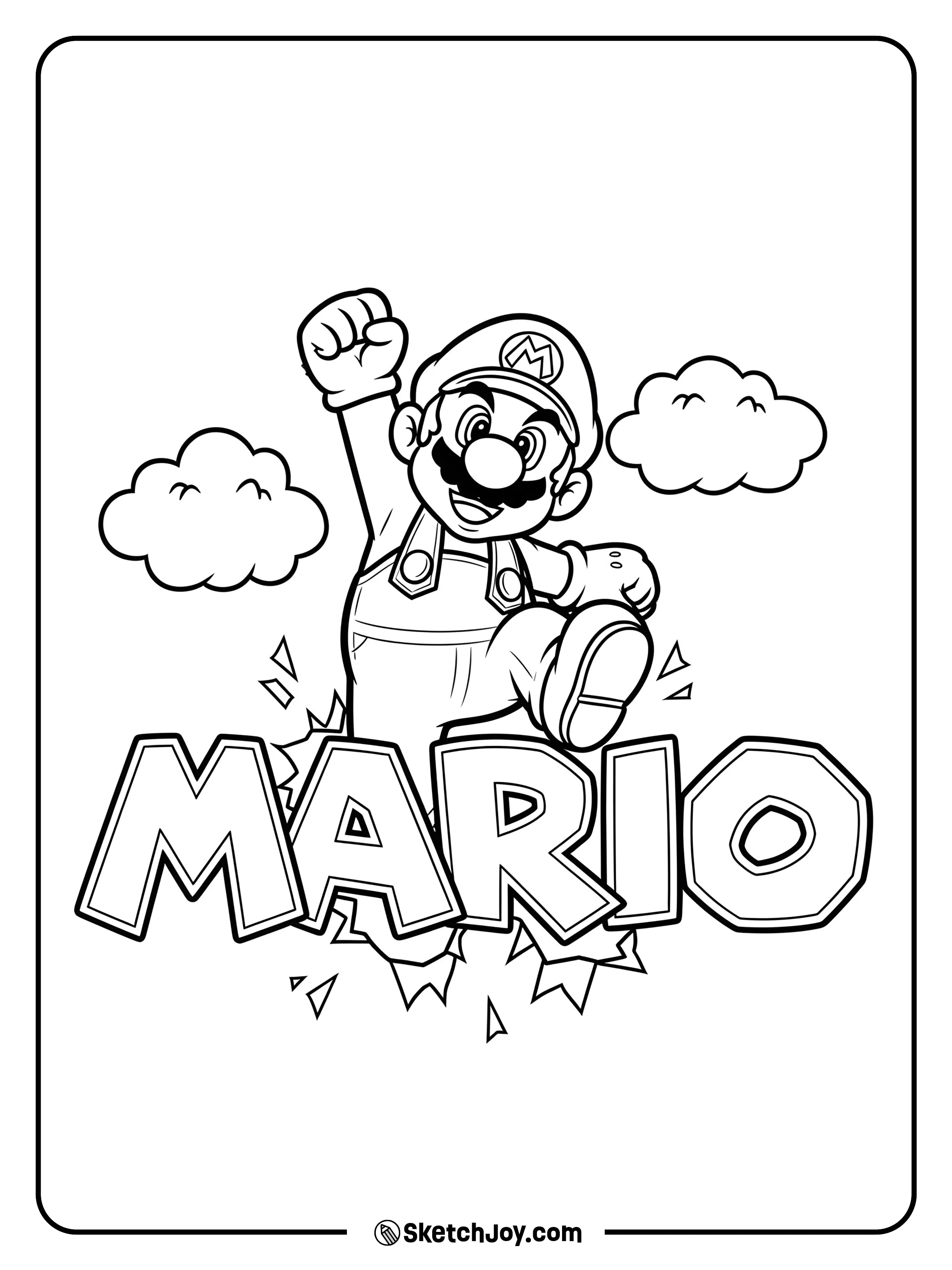 Mario is leaping through the logo.
