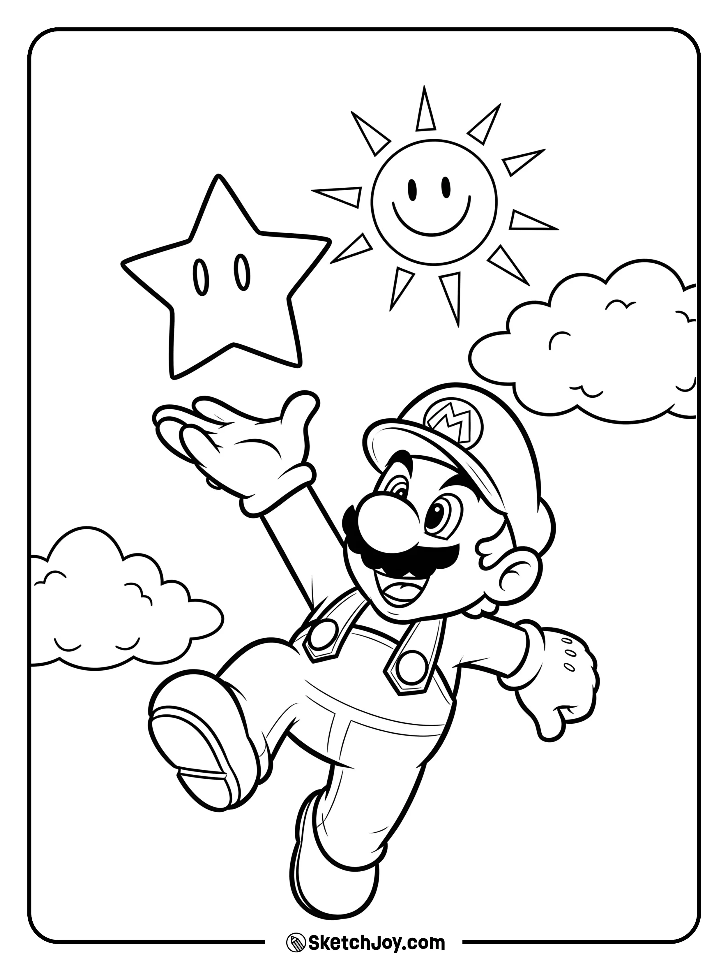 Mario mid-air, jumping to grab a Power Star with joy.