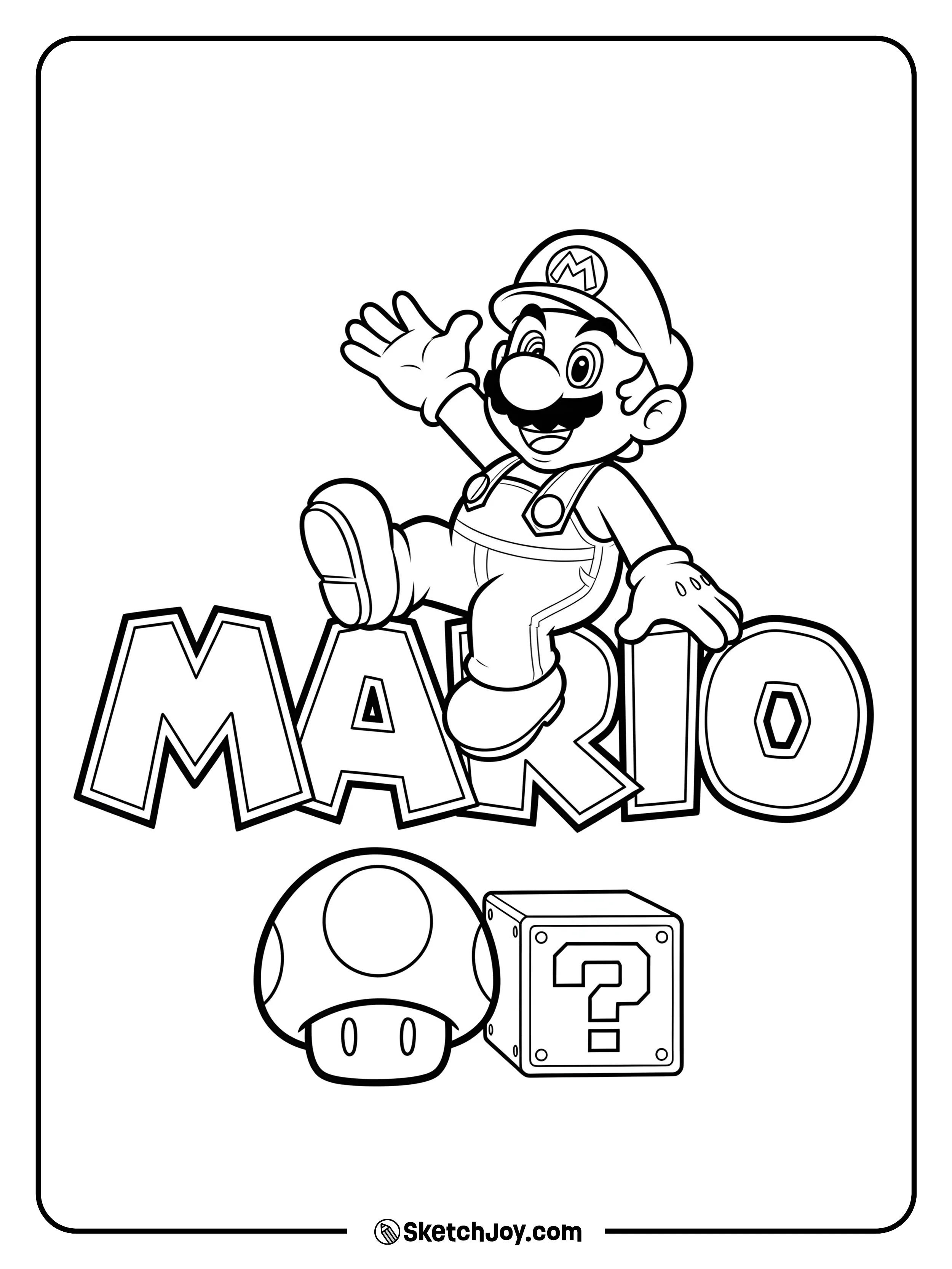 Mario sitting casually on top of the logo.