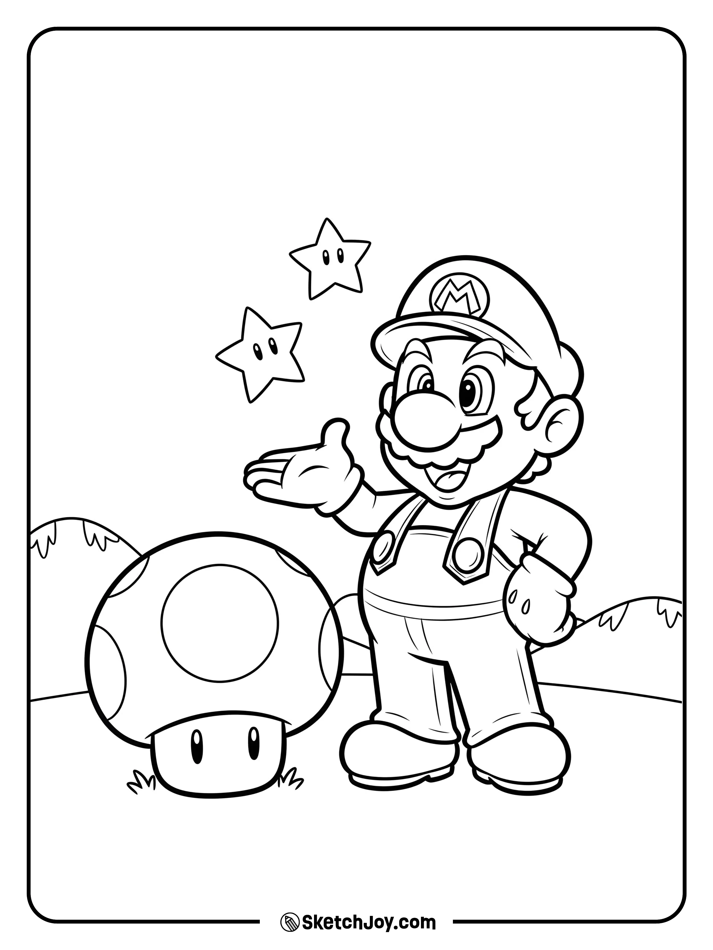 Mario just found a Super Mushroom and looks excited!