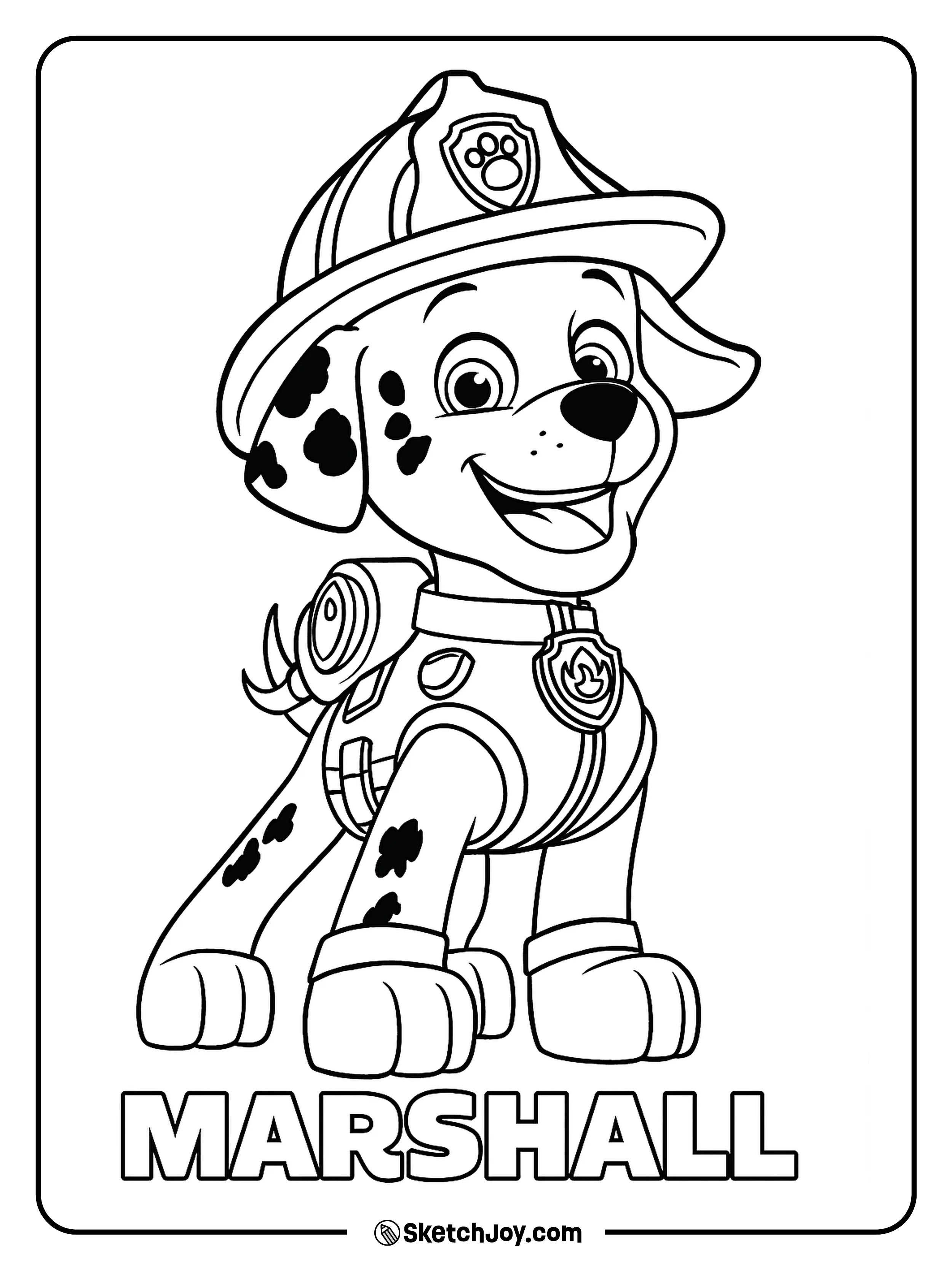 Marshall is standing proud in his firefighter suit.
