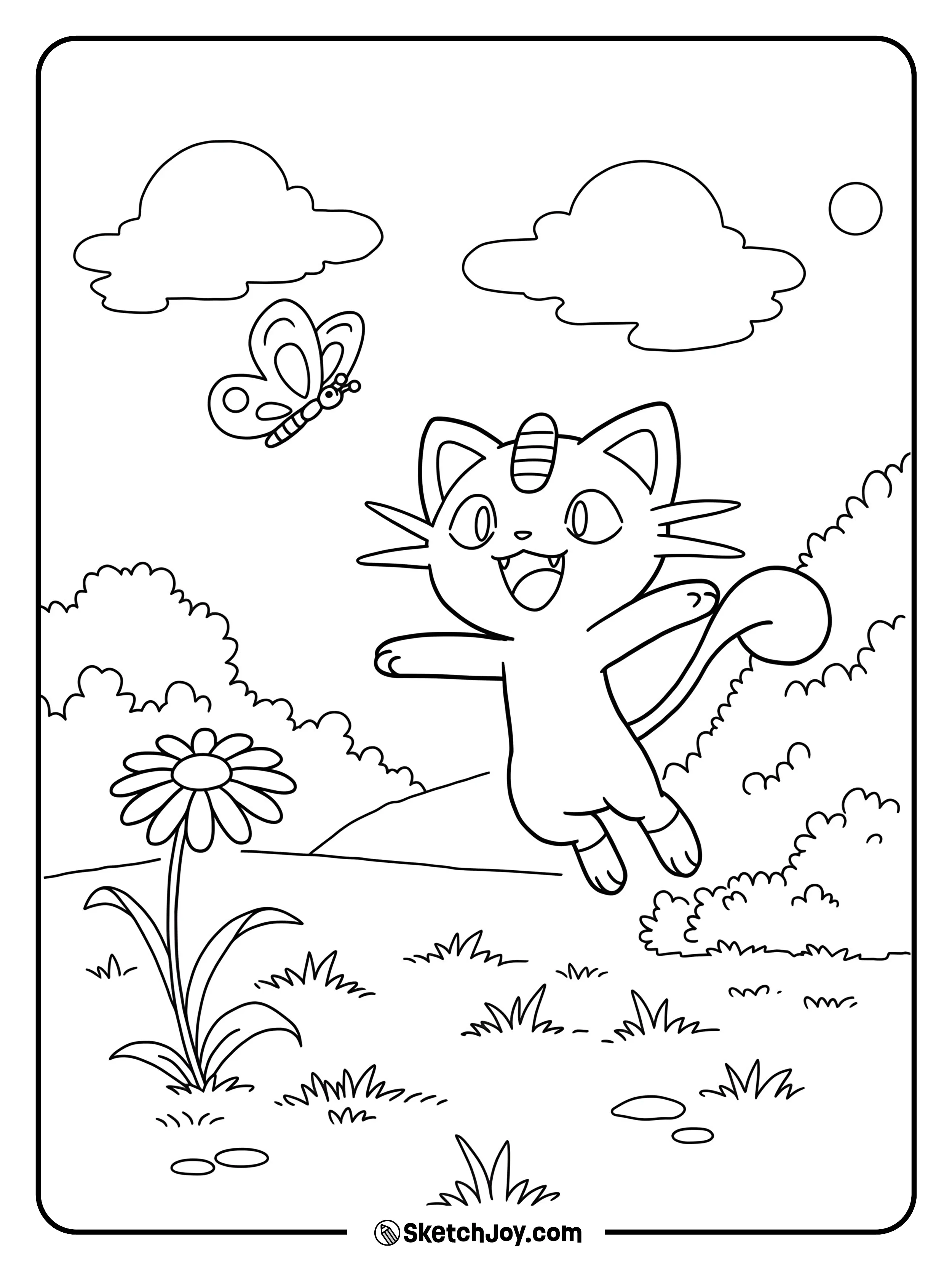 Meowth is jumping joyfully trying to catch a butterfly.