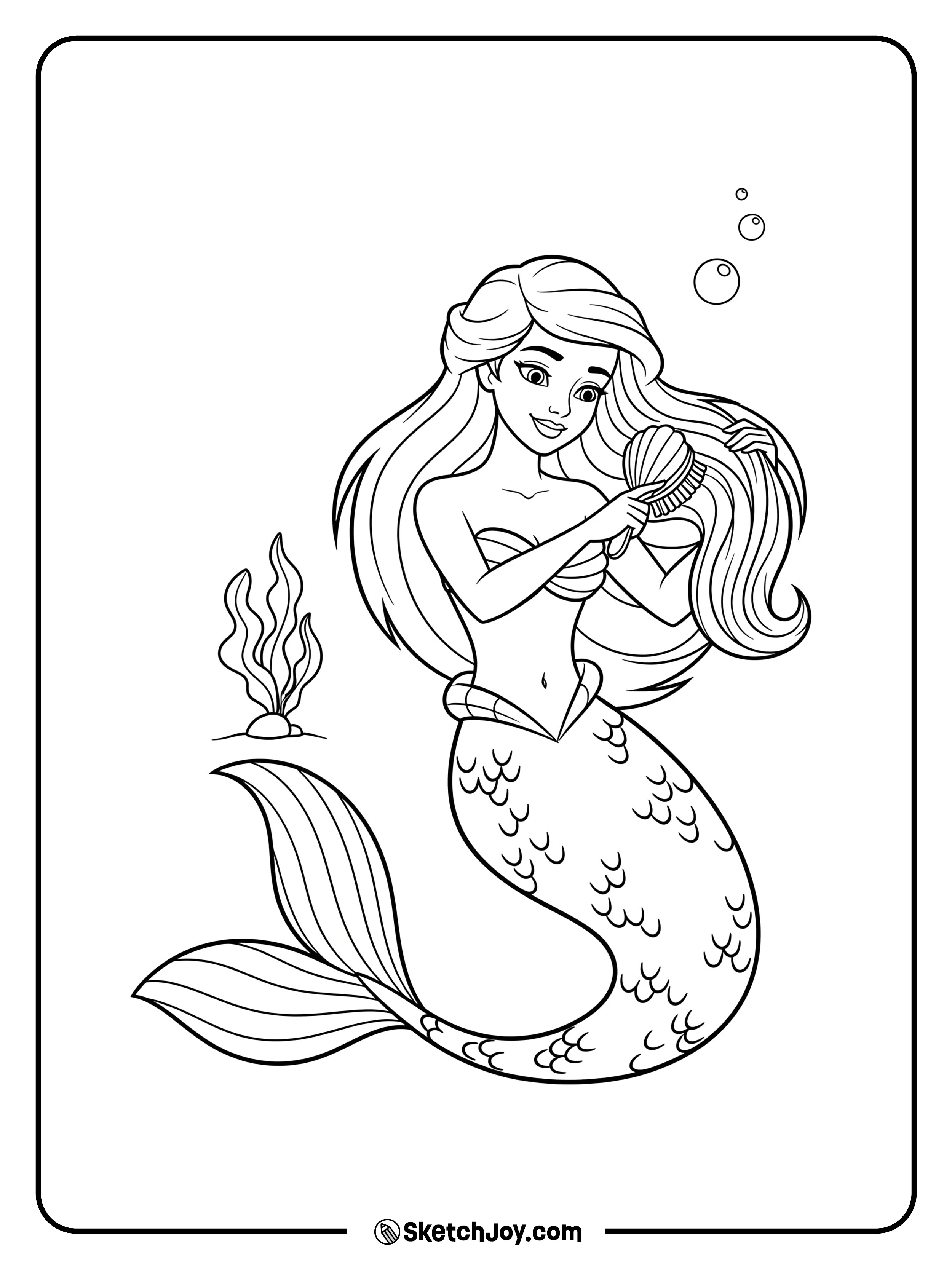 A mermaid is brushing her long hair using a shell-shaped brush.