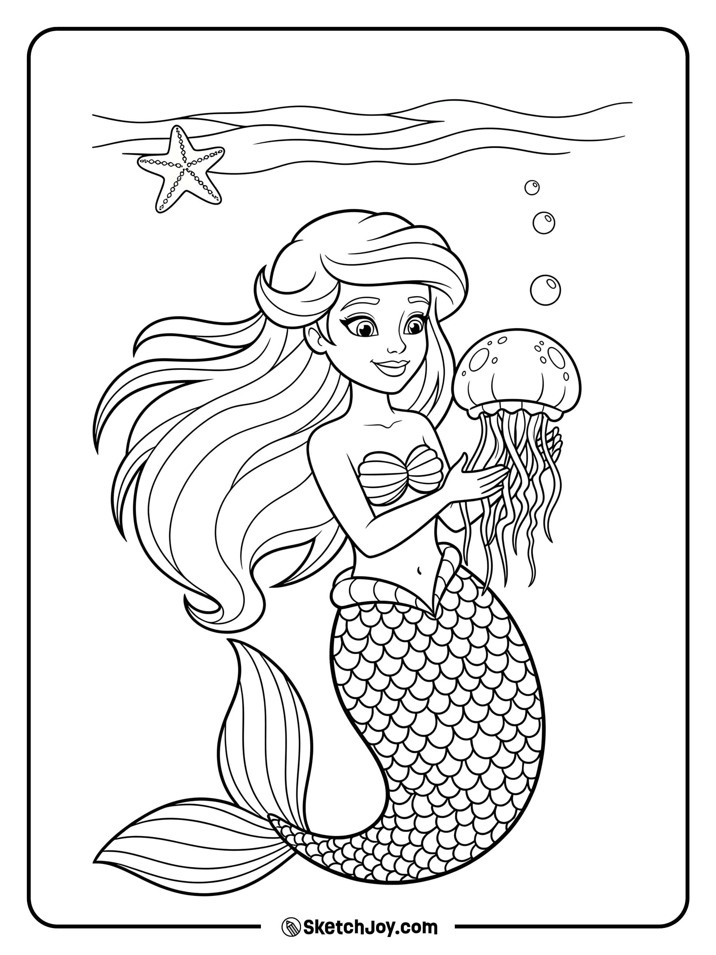 A gentle mermaid is admiring a glowing jellyfish in her hands.