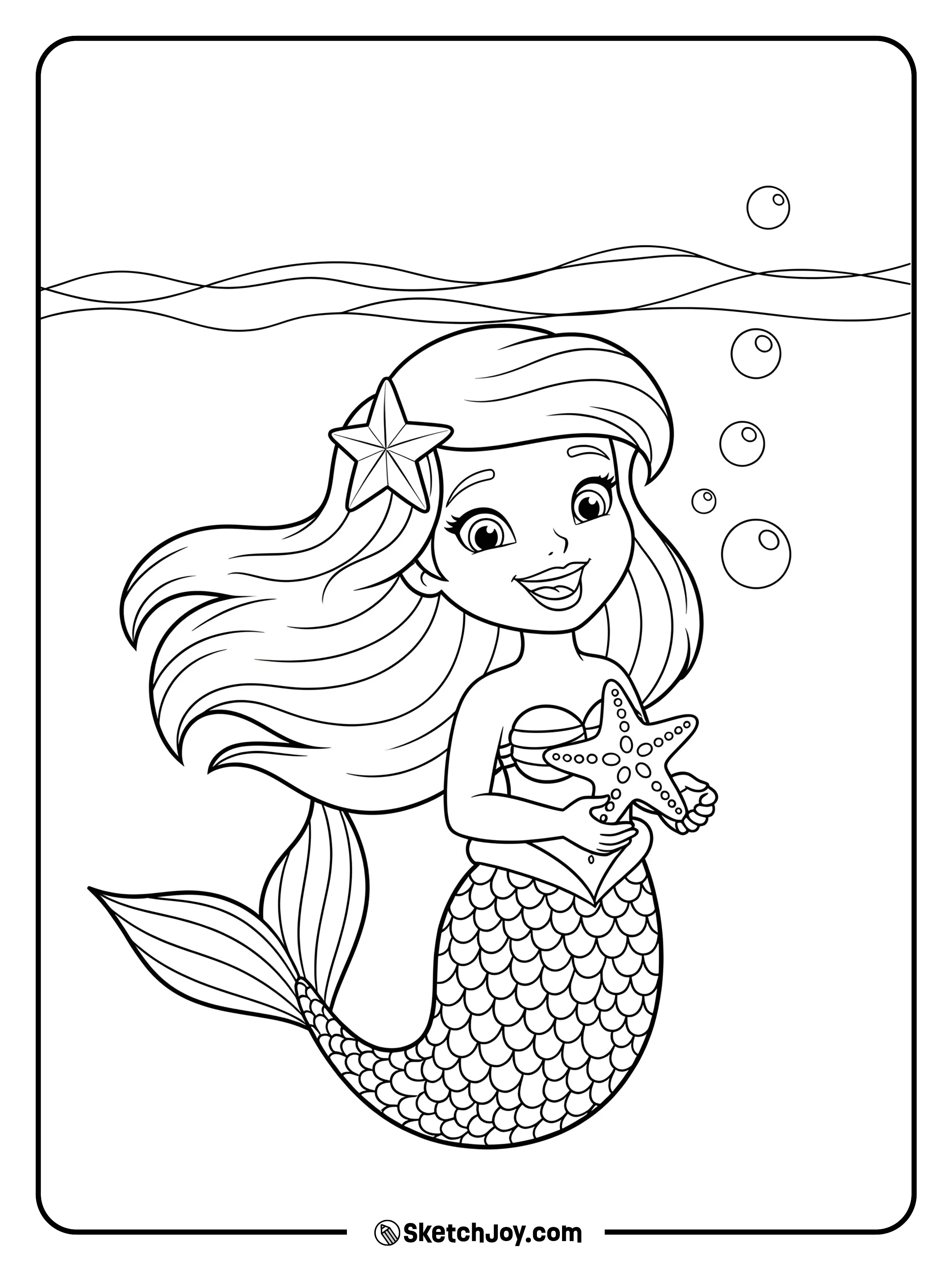 A cute mermaid is gently holding a starfish with a smile on her face.