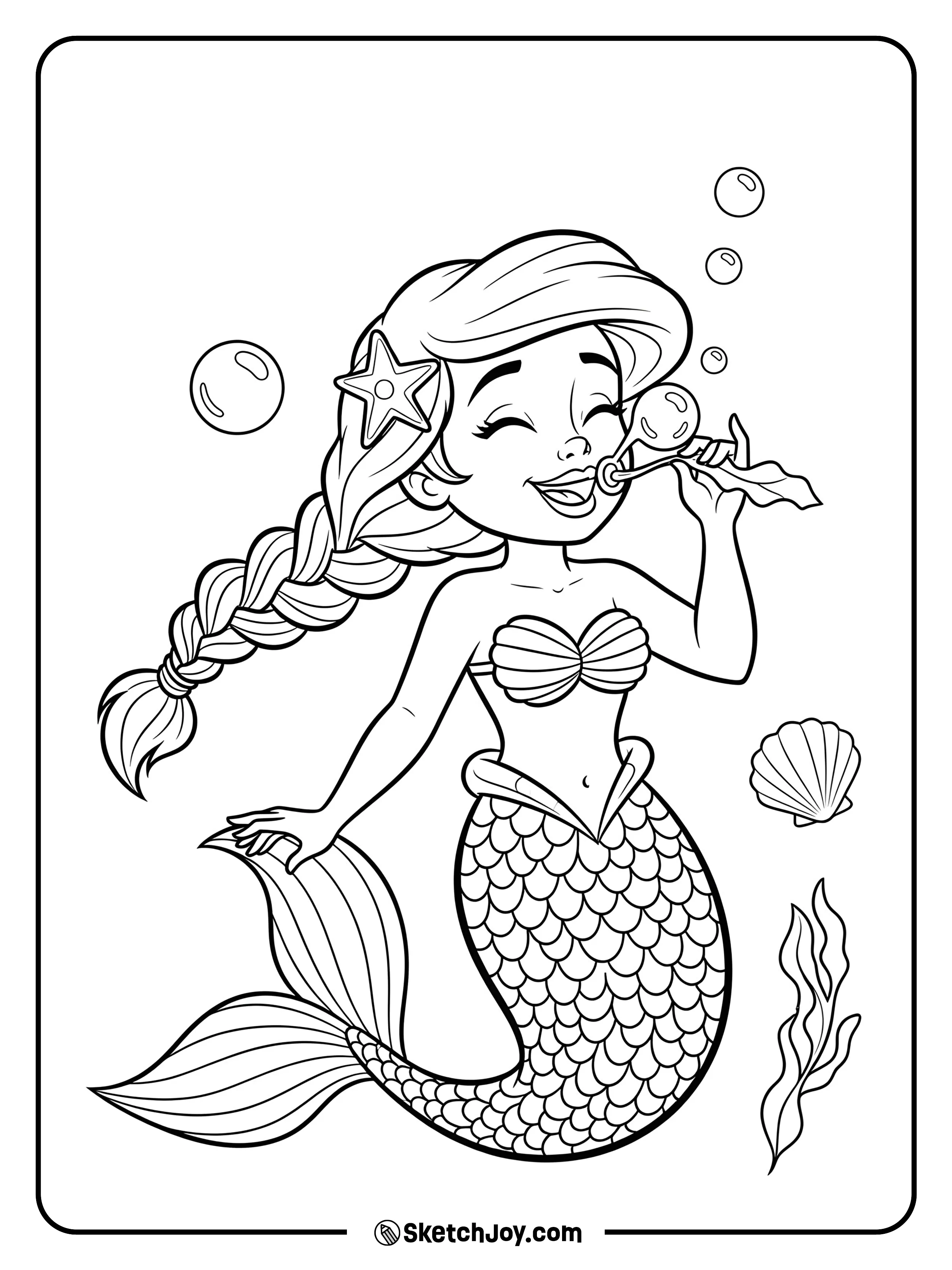 A playful mermaid is blowing bubbles underwater using a seaweed straw.