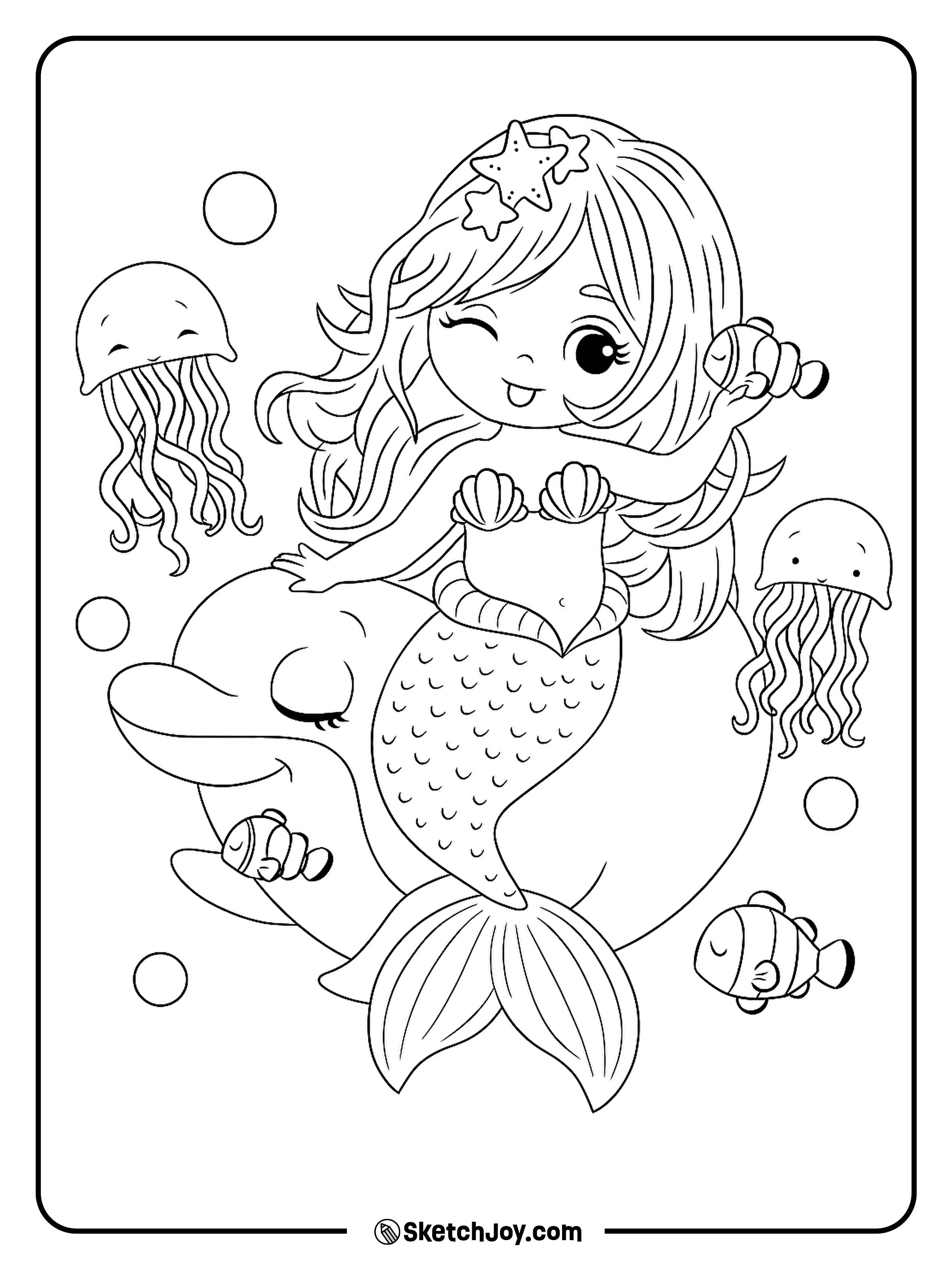 A cheerful mermaid is riding on a smiling dolphin, surrounded by friendly sea creatures.