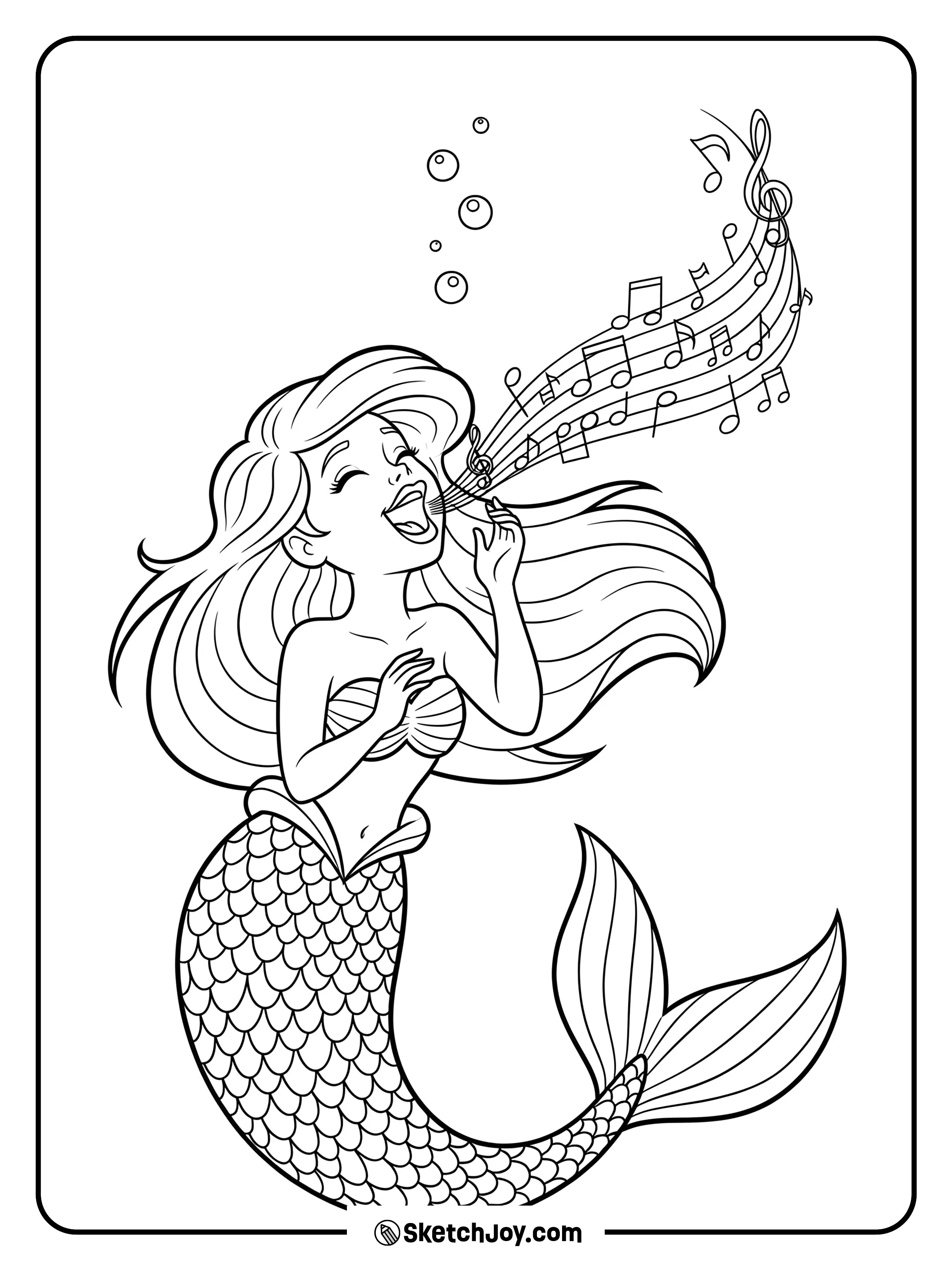 A joyful mermaid is singing and bubbles are coming out of her mouth.