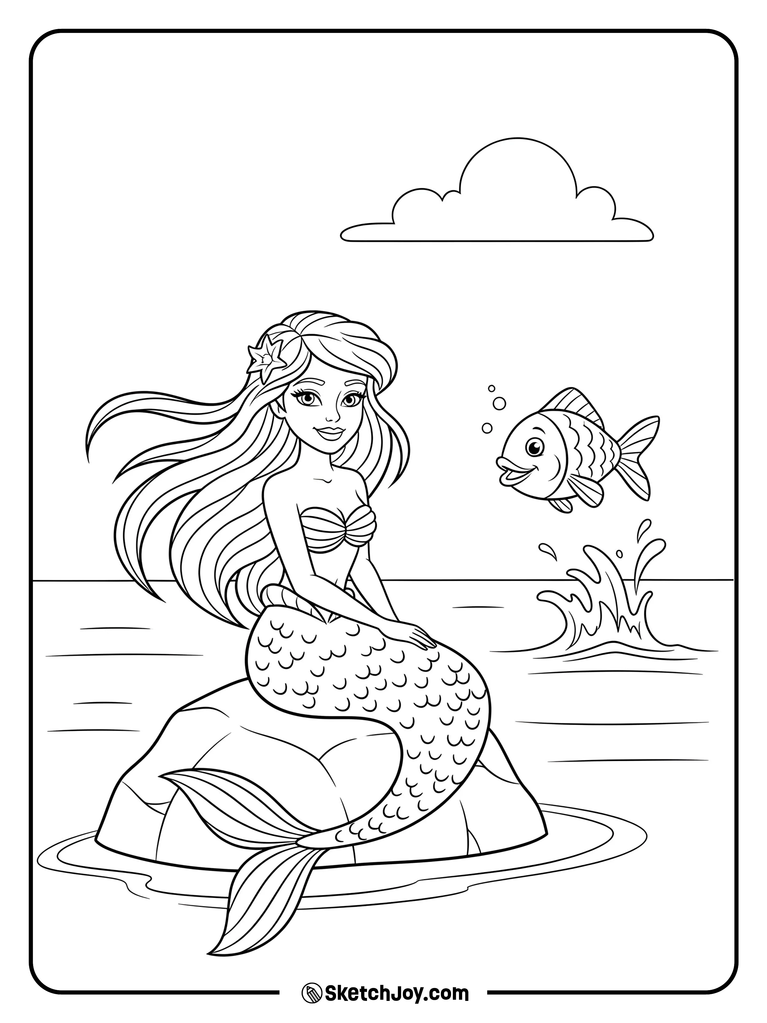 A peaceful mermaid is sitting on a rock above the water surface.