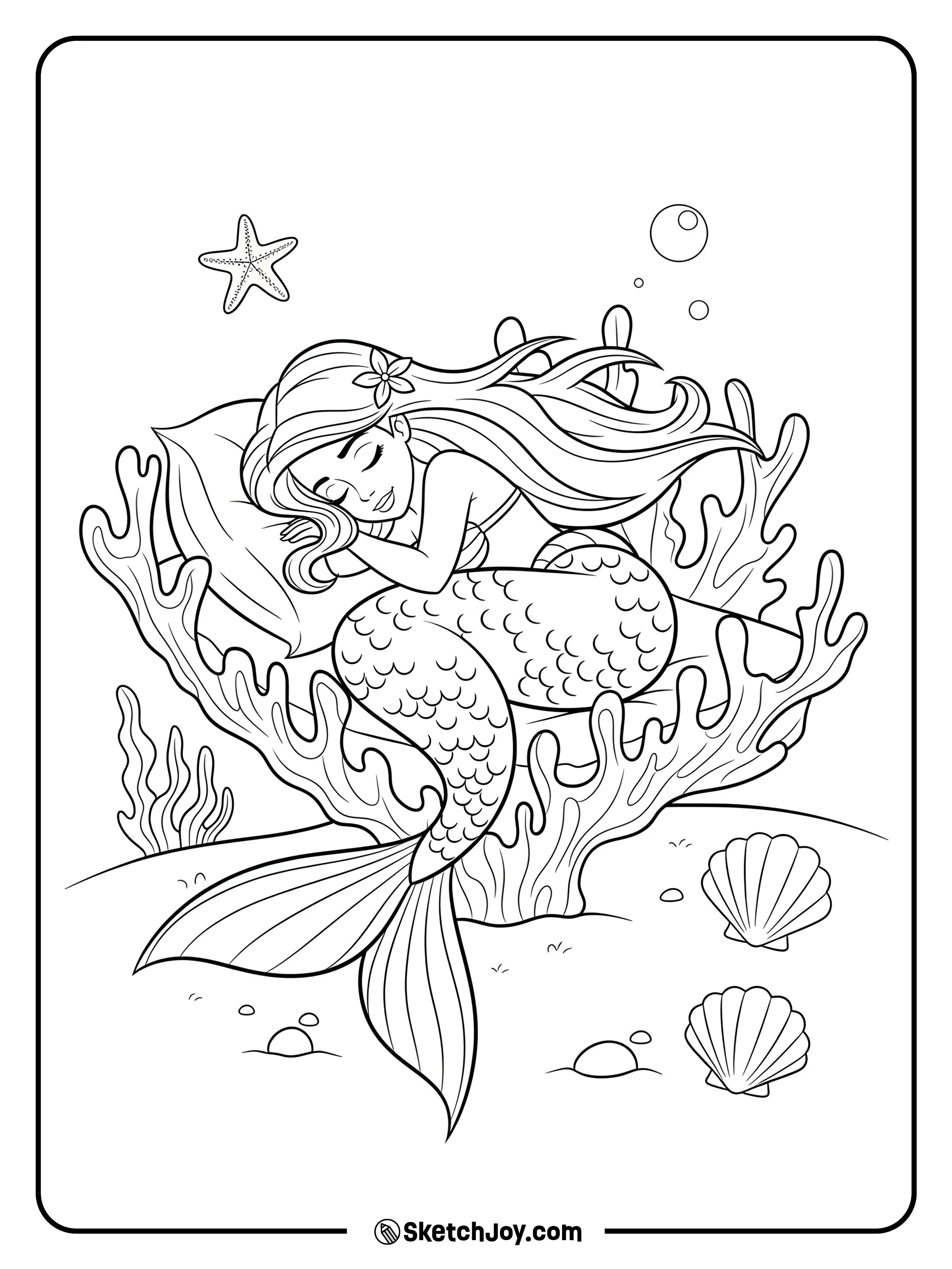 A sweet mermaid is peacefully sleeping on a soft coral bed.