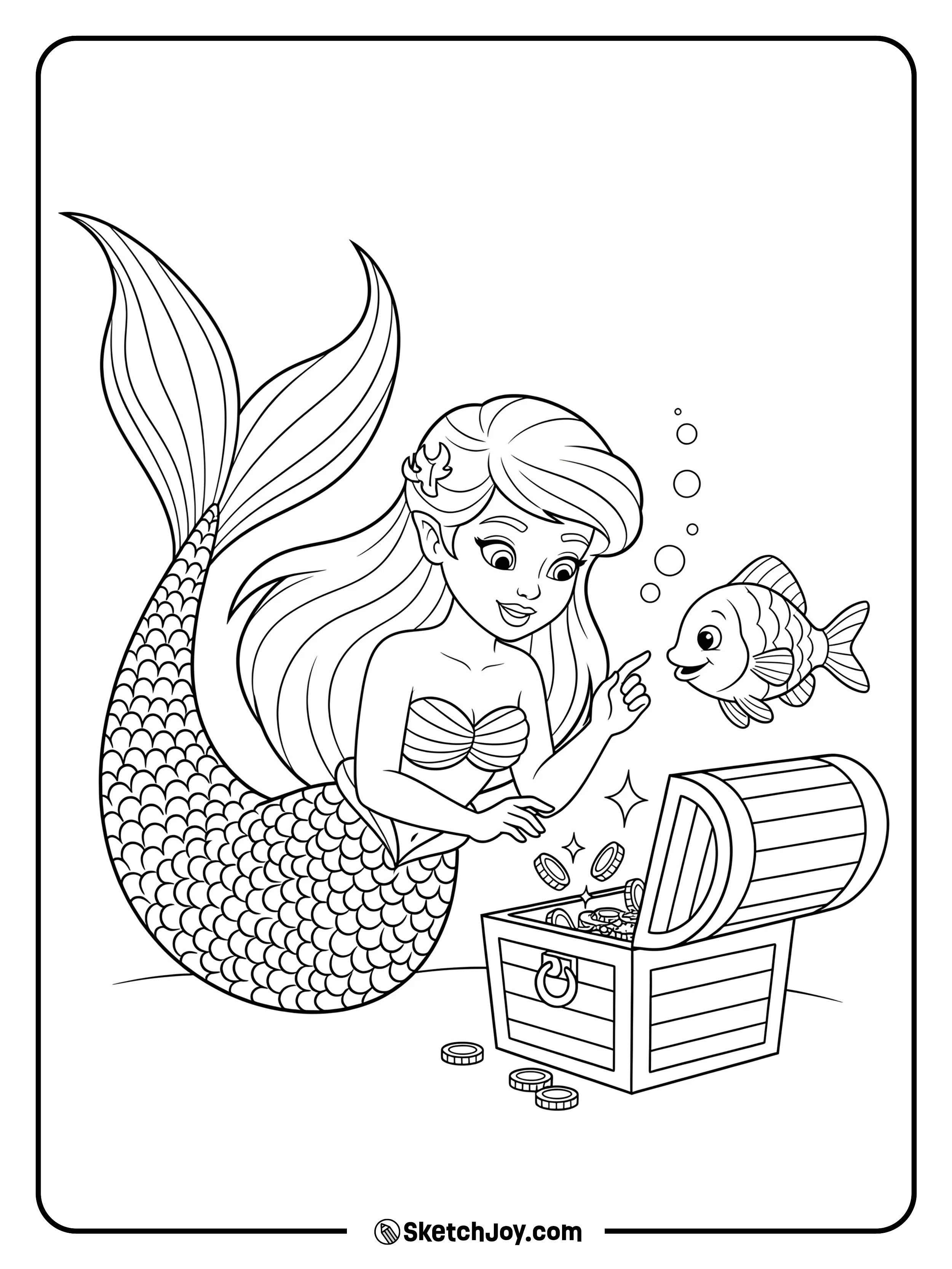 A curious mermaid has discovered a small treasure chest underwater.