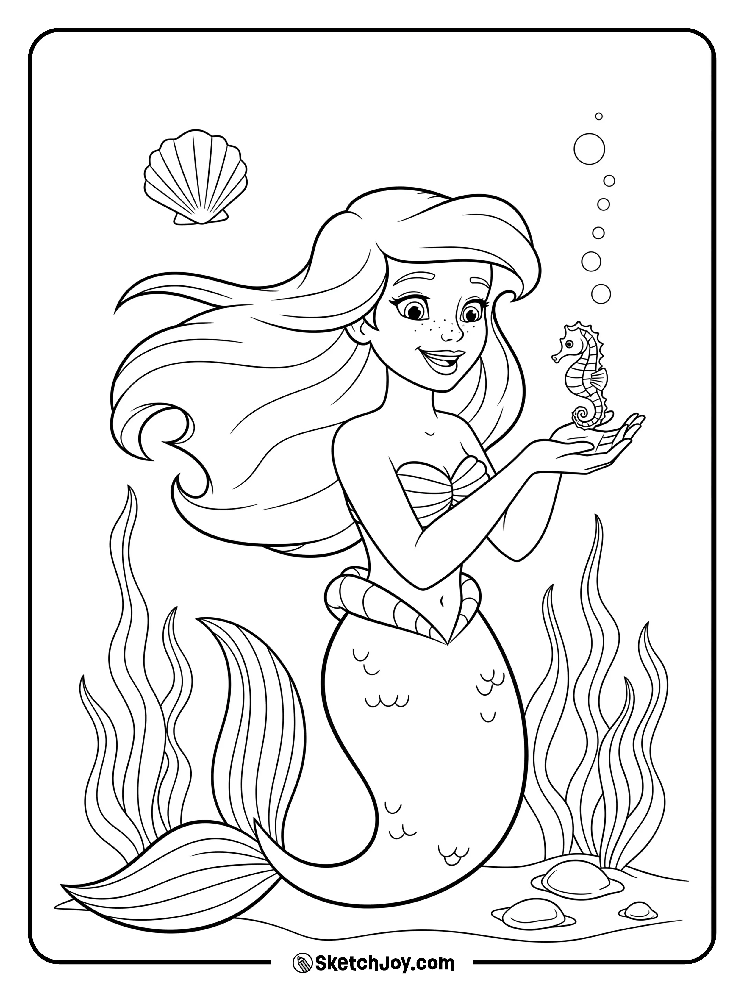 A mermaid is gently holding a tiny seahorse in her palm.