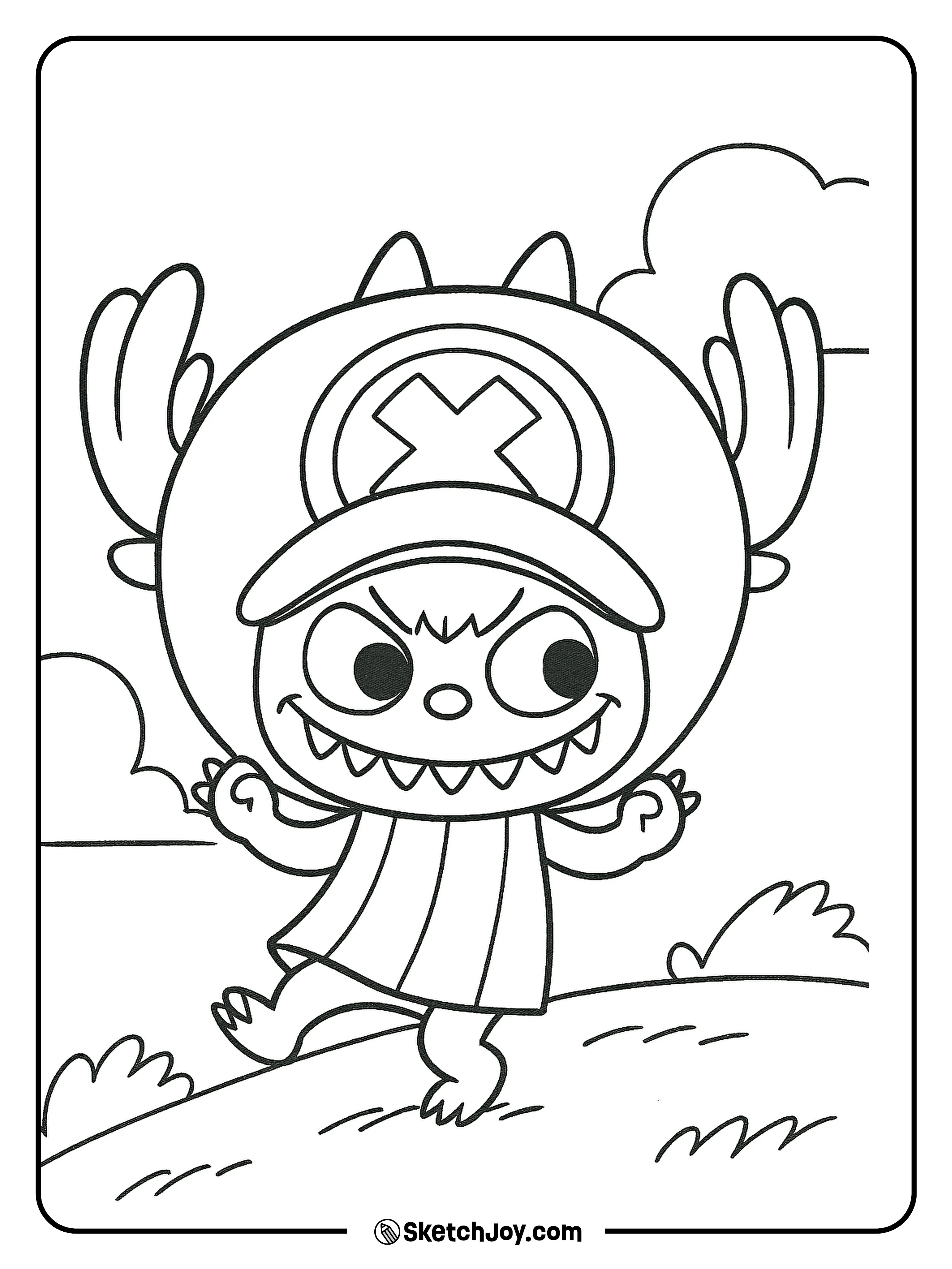 Labubu explores the sunny hills with a cheeky grin and his iconic hat